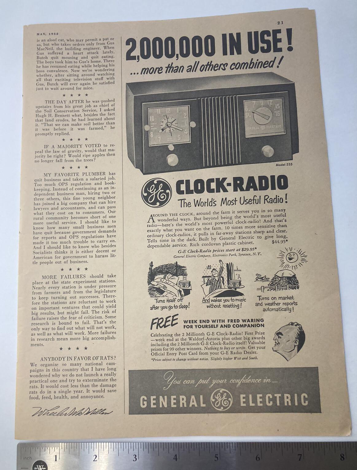 GE Clock-Radio, Goulds Dealer, Farm Journal VINTAGE 1952 Print Ad 11x16\
