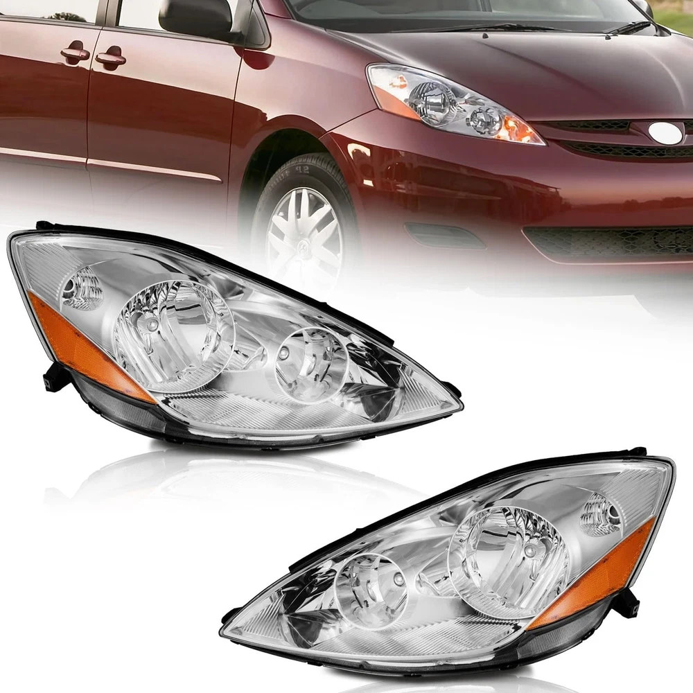 Halogen Headlights Assembly for 2006-2010 Toyota Sienna | Clear Lens Chrome Hous