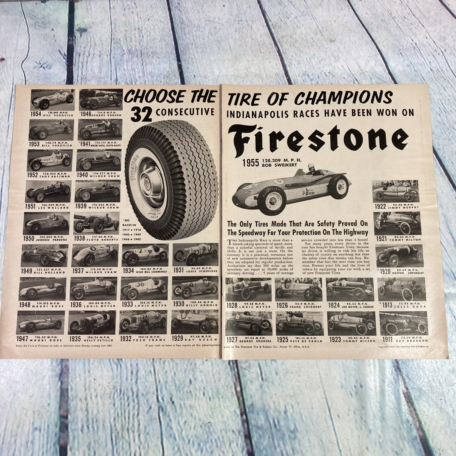 1955 Firestone Tires Racing Cars Vintage Print Ad/Poster Promo Art Magazine Pgs
