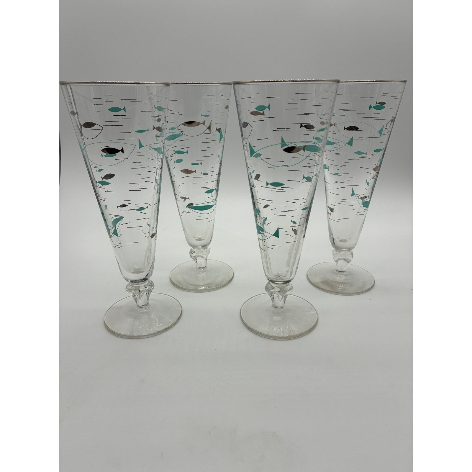 Vintage Mid Century Modern Fish Pilsner Glasses Teal Silver Set of 4 MCM Barware