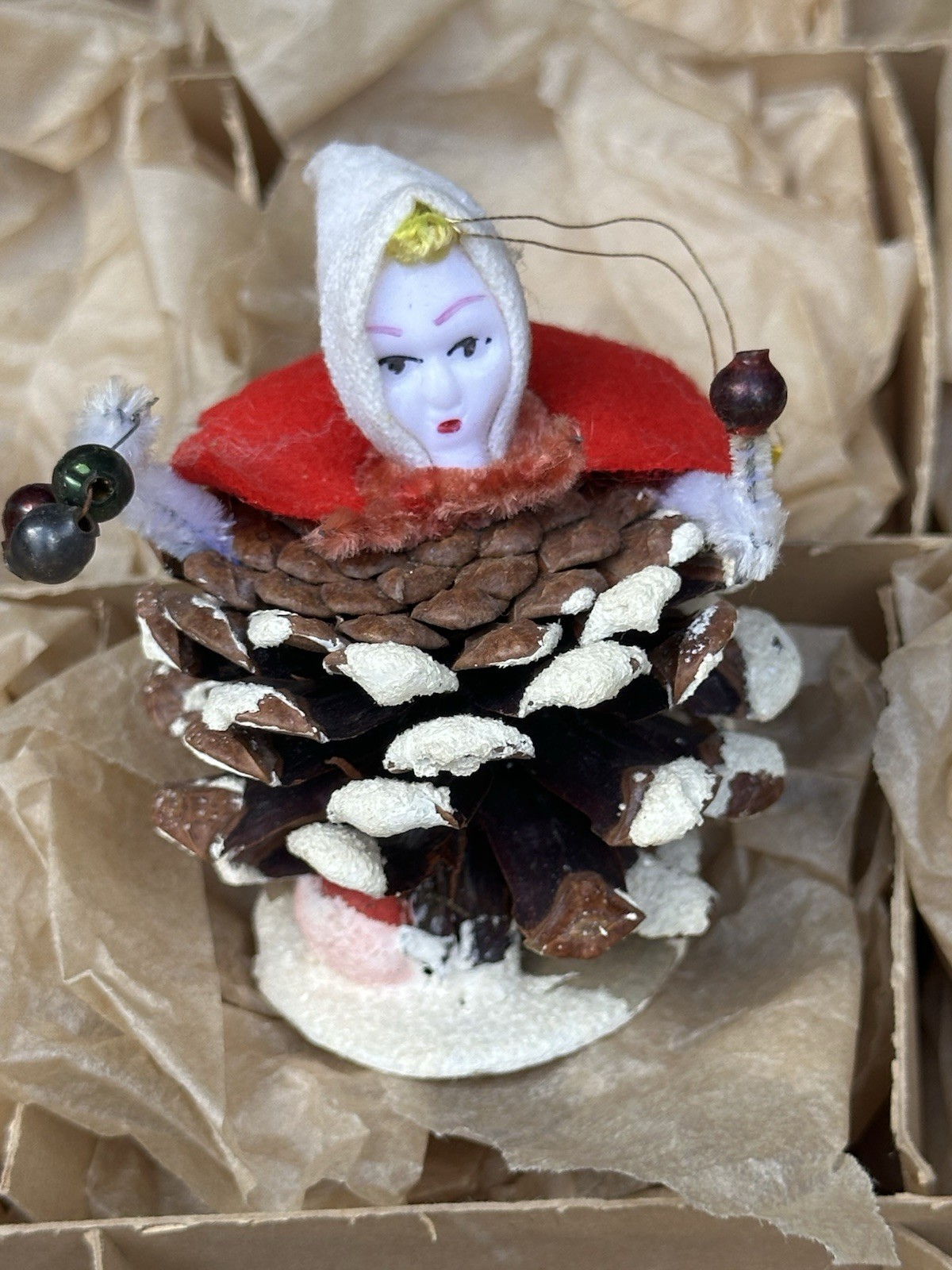 Vintage Japan Putz Elf Figurine Pinecone Ornament, With Tag 
