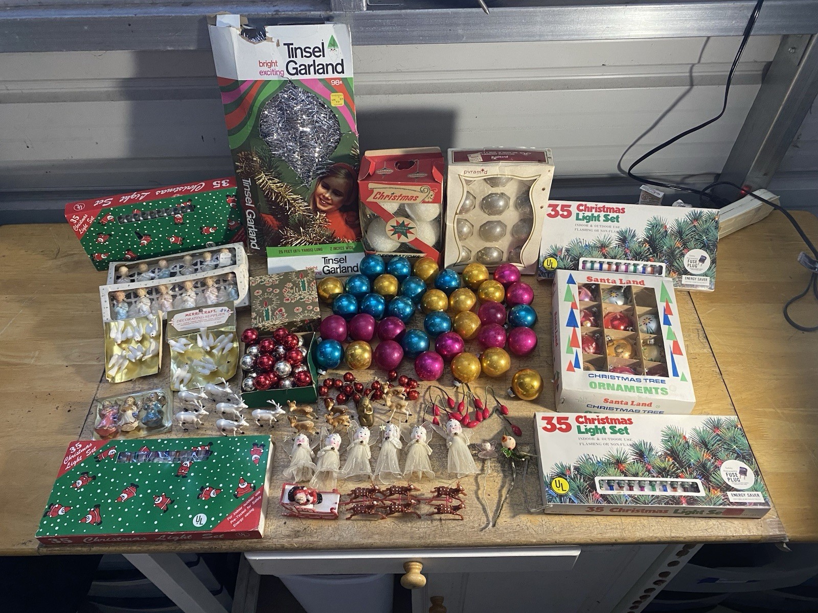 Vintage 1950s-60s Christmas Ornaments Decorations Lights Junk Drawer