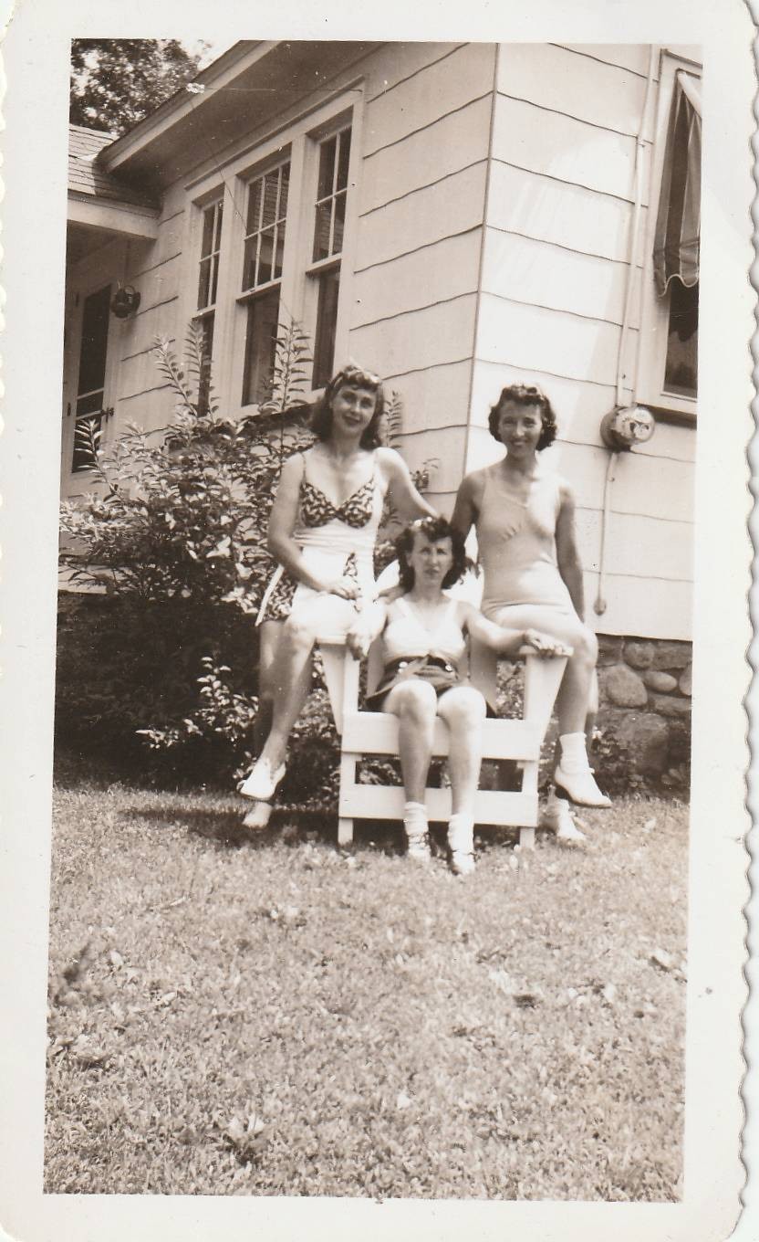 Vintage 1940s Snapshot Photo Women Swimsuits Adirondack Chair Backyard House