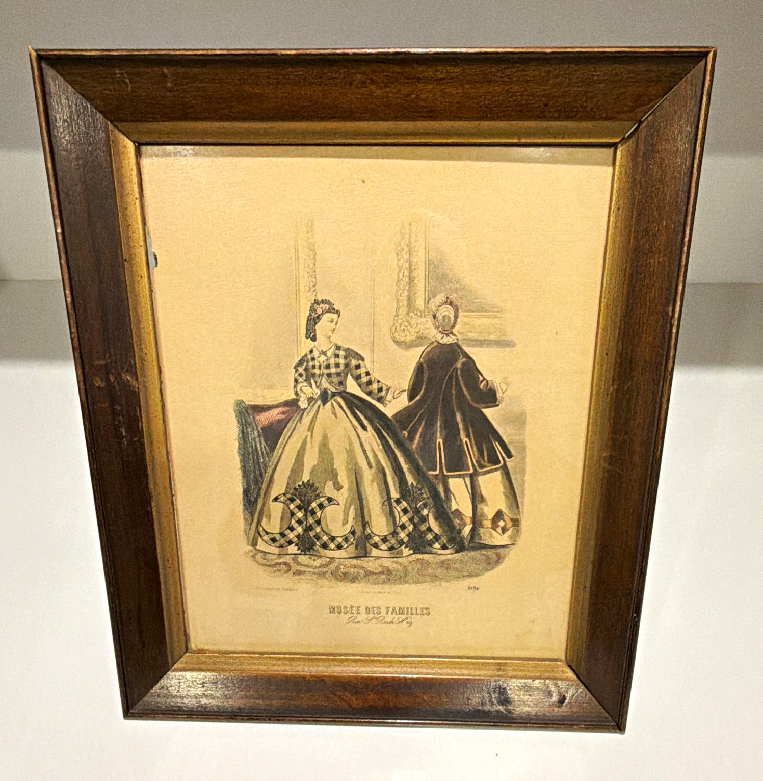 Antique French Fashion Print Musee des Familles 2184 Framed Mahogany Ogee Wood