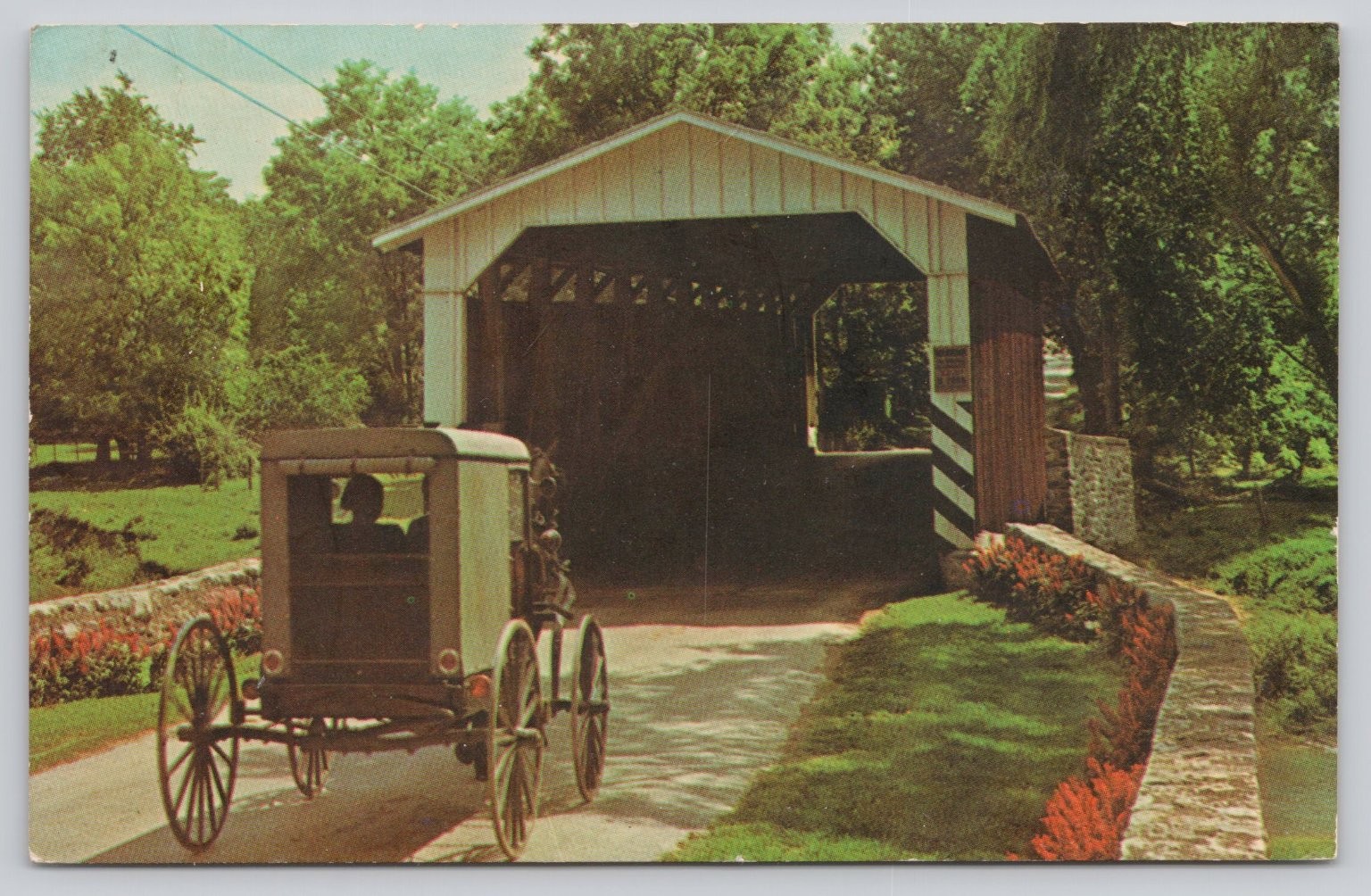 Amish Country Covered Bridge Buggy Postcard 1965 Lancaster PA Dexter Press