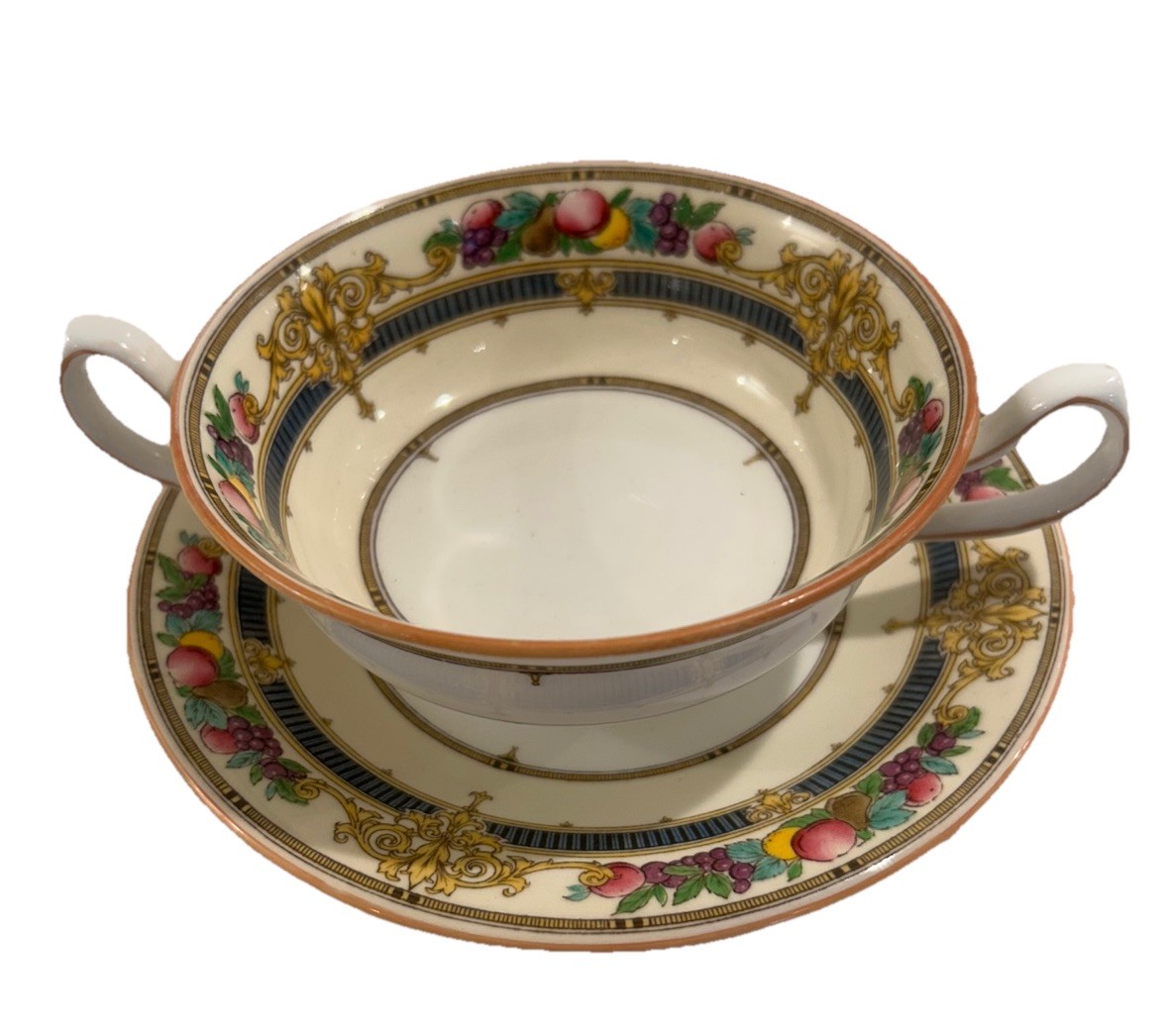 Antique Mintons H3742 Footed Bouillon Cup & Saucer England Bone China RARE Set
