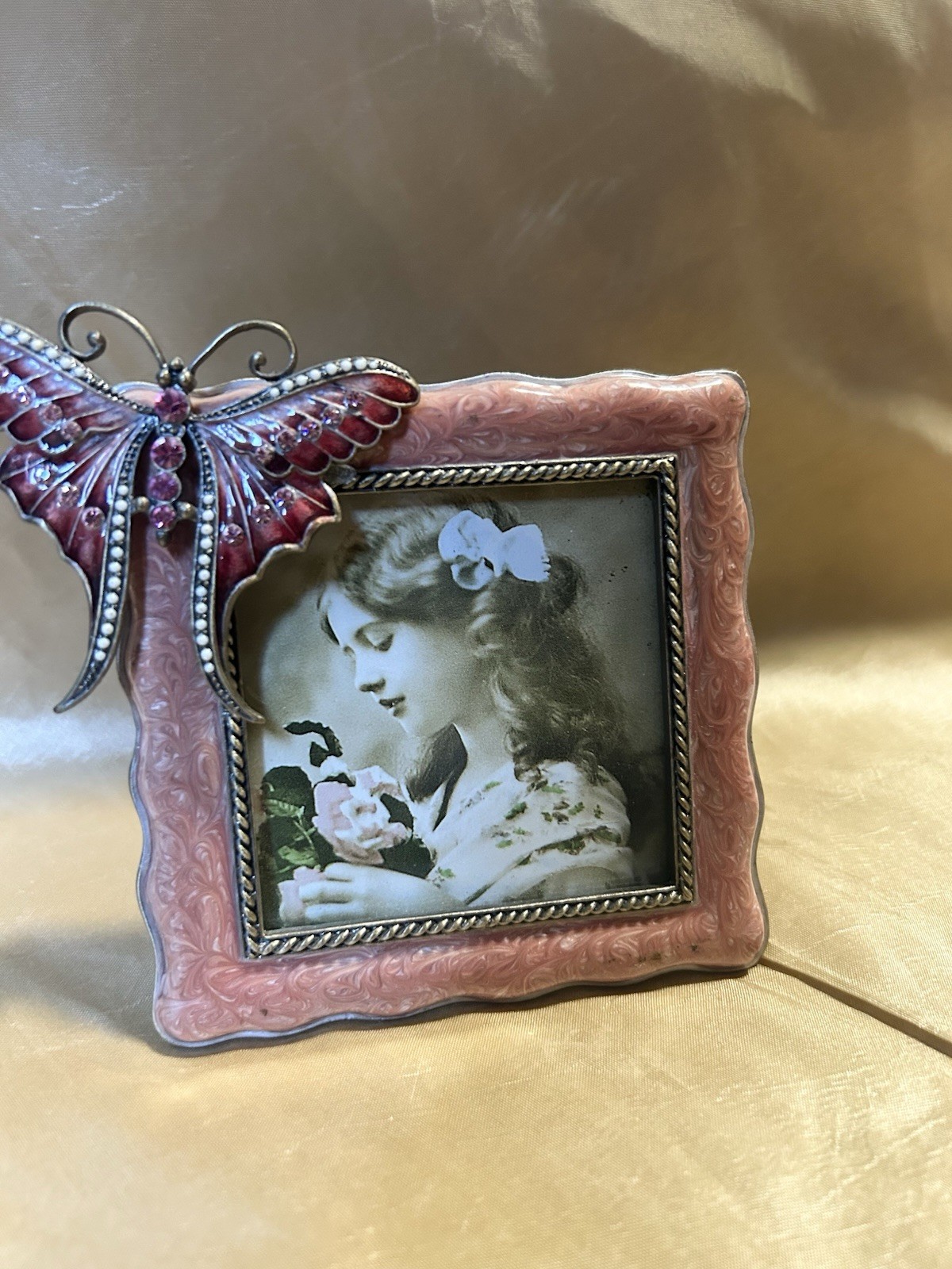 Vintage Pink Enamel Butterfly Picture Frame Heavy Cast Metal Ornate Shabby Chic