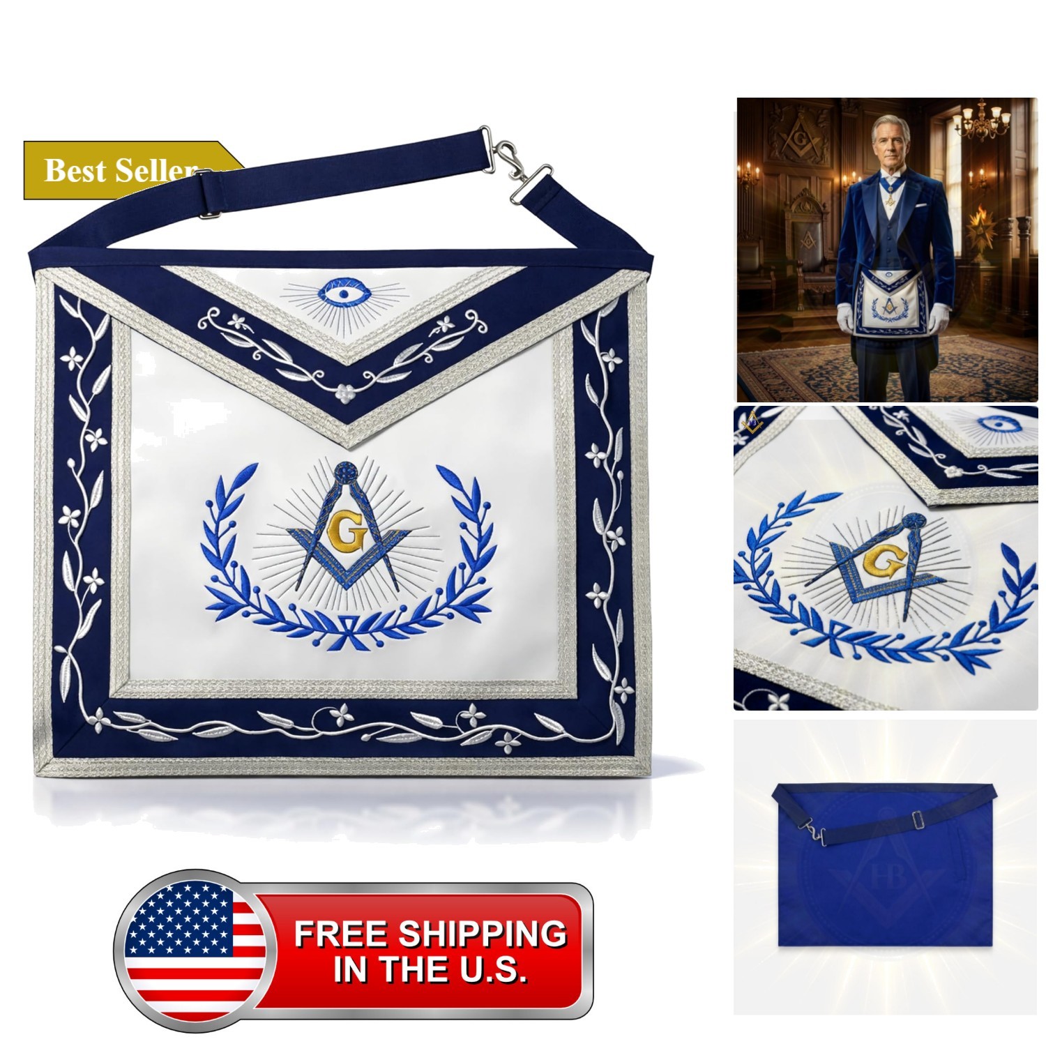 Masonic Master Mason Blue Lodge Apron Navy Blue & White with Silver Braids, E...