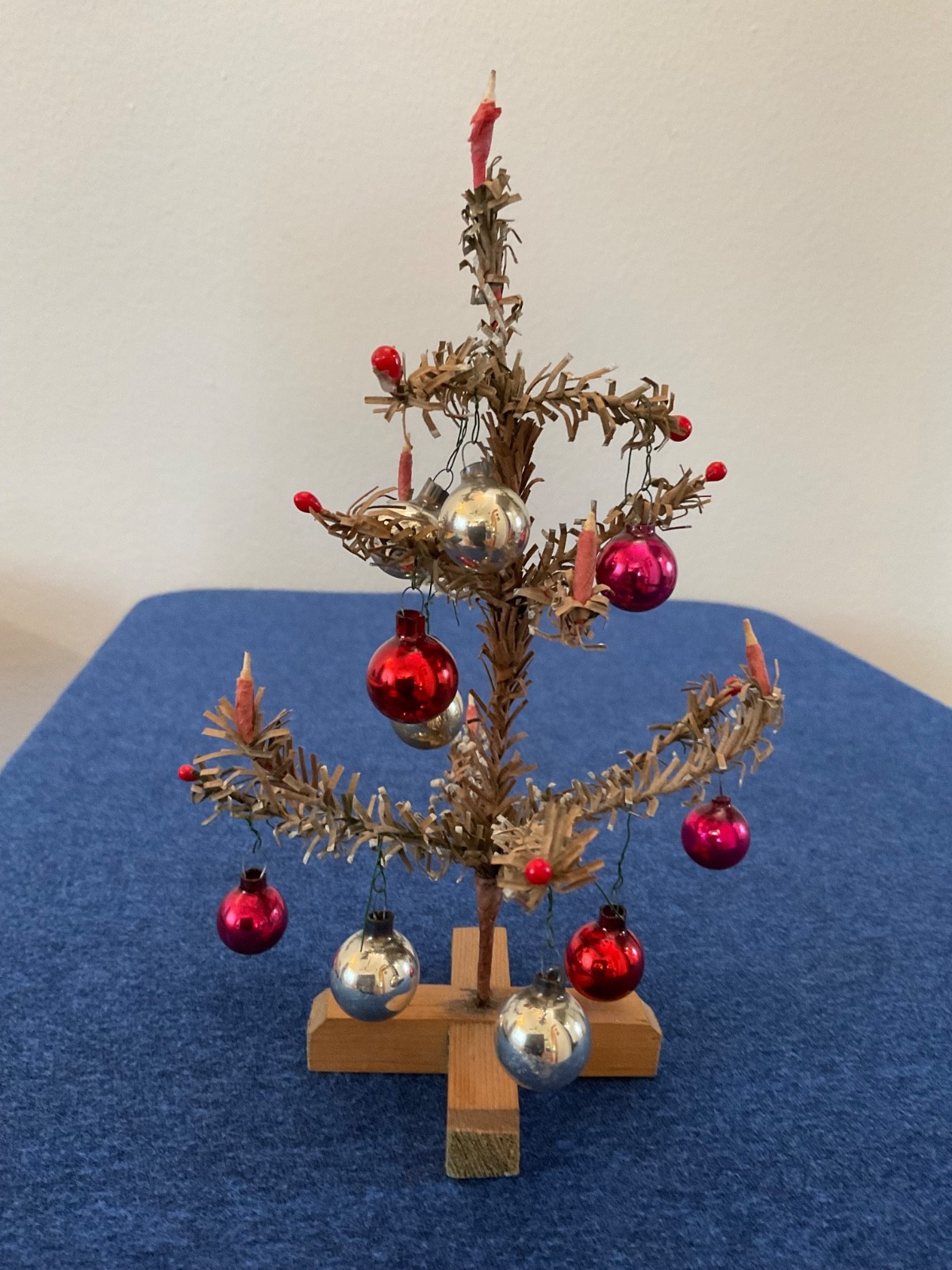 Antique German Miniature Christmas Tree, Candles, Berries, Mercury Glass Balls