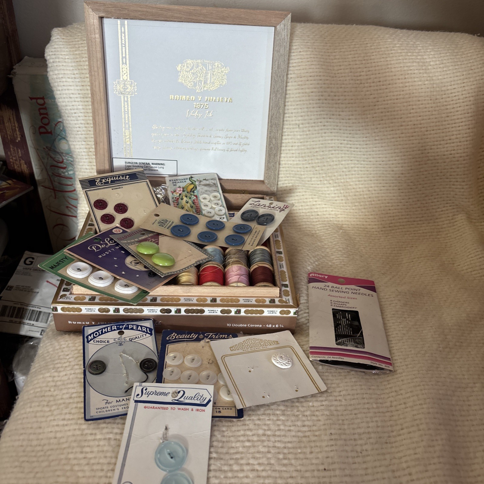 Vtg Sewing Notions In Romeo Y Julieta Wooden Cigar Box Buttons Wood Spools Etc