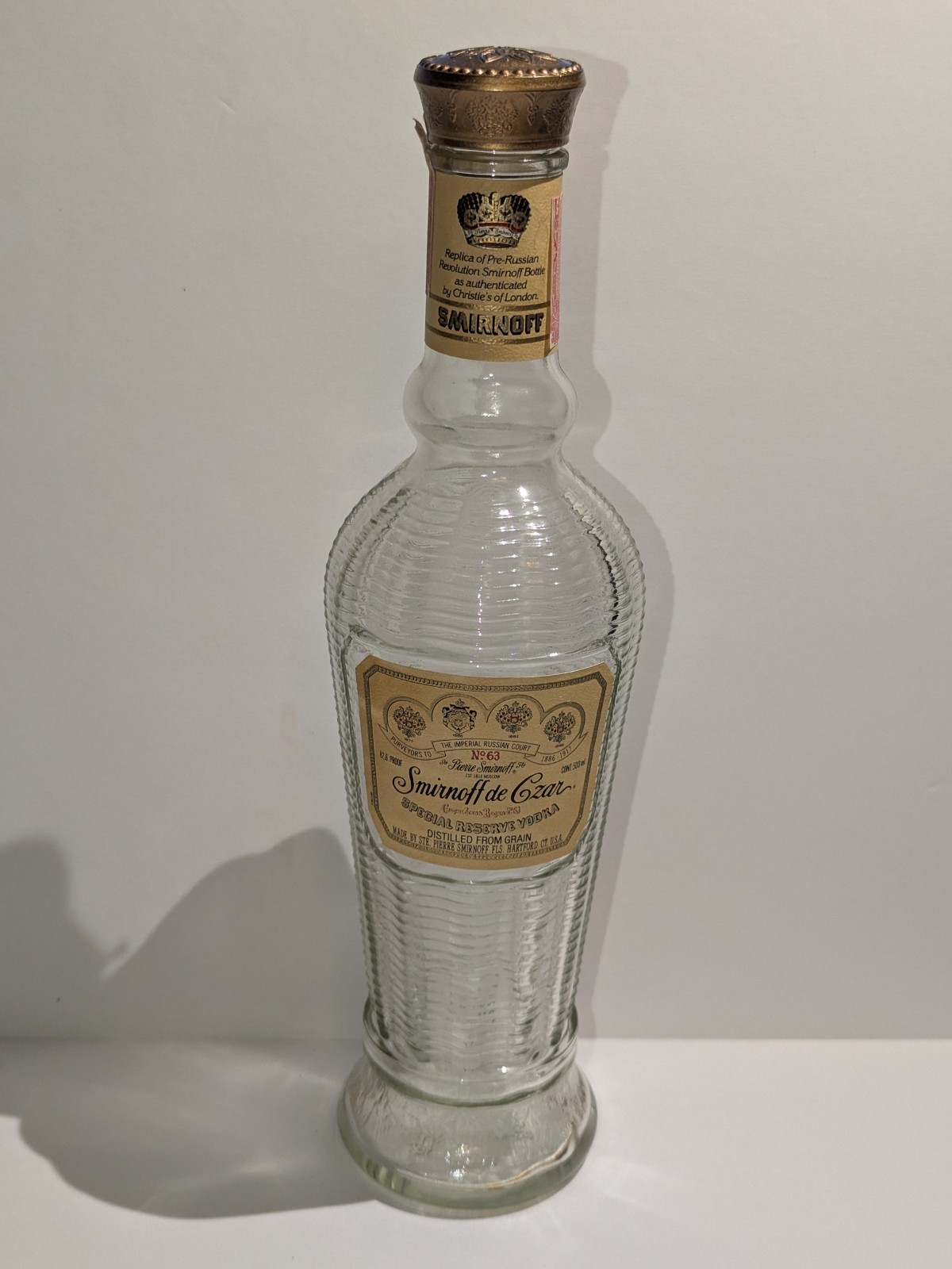 Smirnoff de Czar No 63 Special Reserve Vodka 500mL Empty Bottle