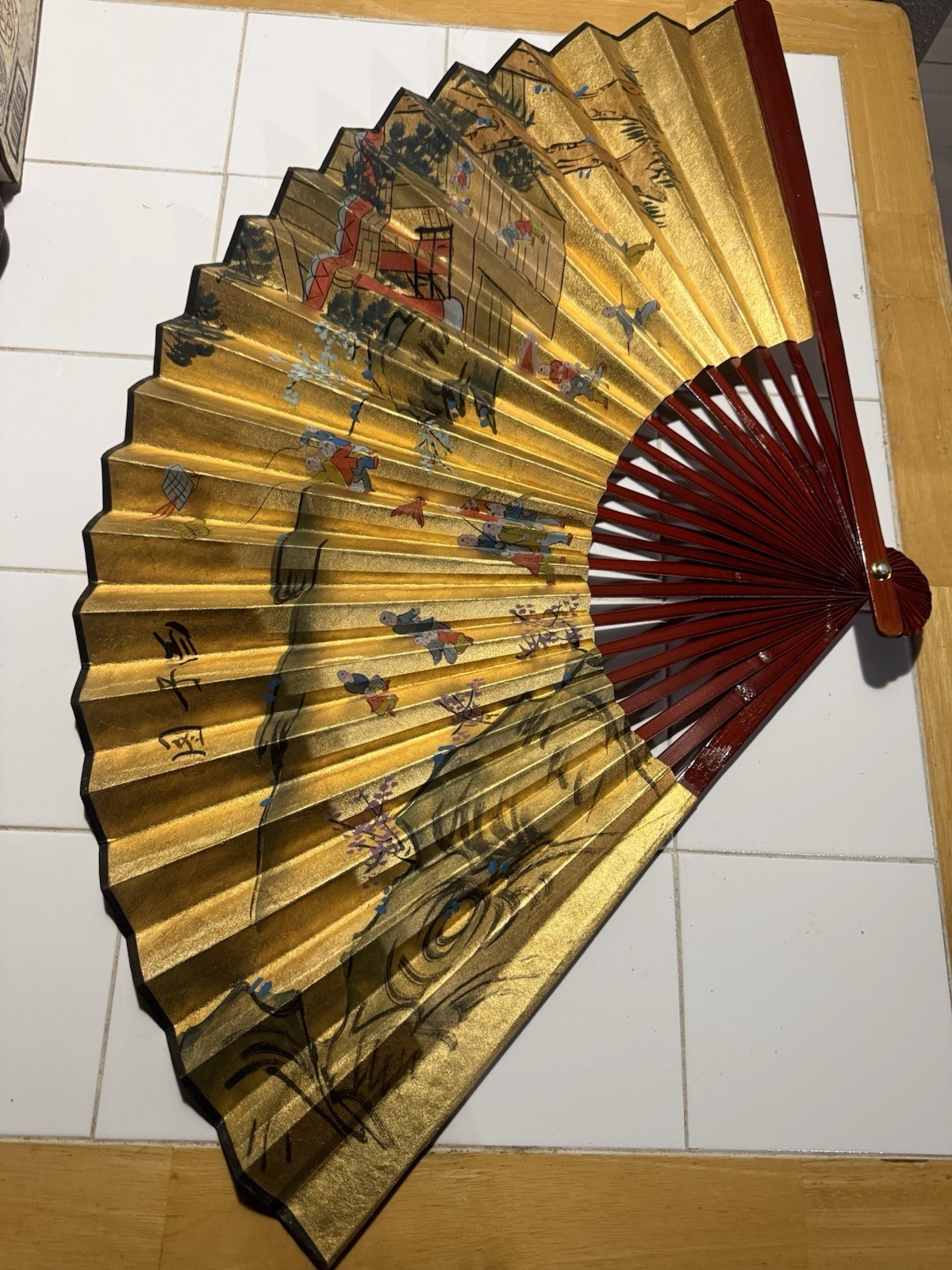 Vintage Asian Folding Fan 20” Gold Landscape Children Wall Decor