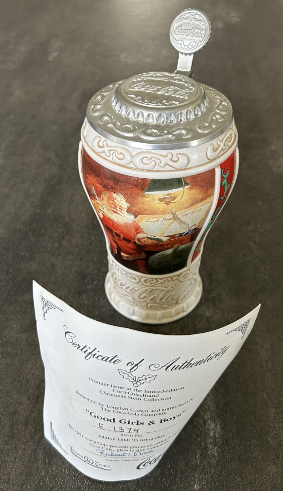 1996 Coca Cola Christmas Stein Good Girls & Boys Longton Crown Vintage COA E1374
