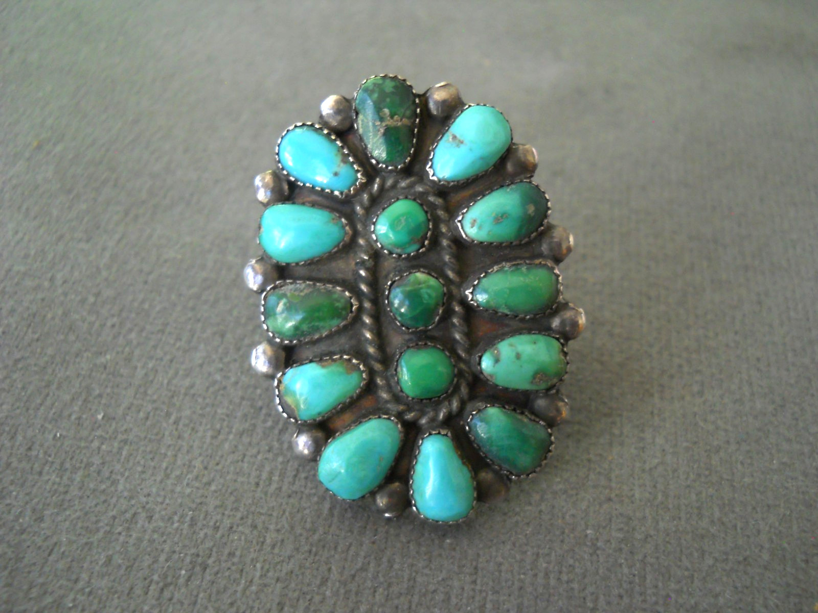 Native American Zuni Green & Blue Turquoise Petit Point Cluster Ster Silver Ring