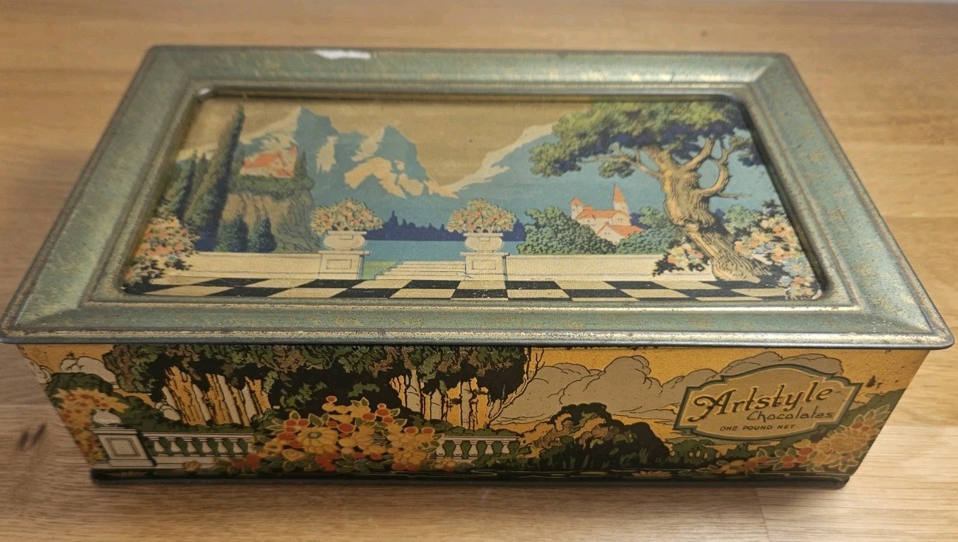 Antique 1920s Artstyle Chocolate Co Candy Tin Lithograph Landscape Art Deco Box