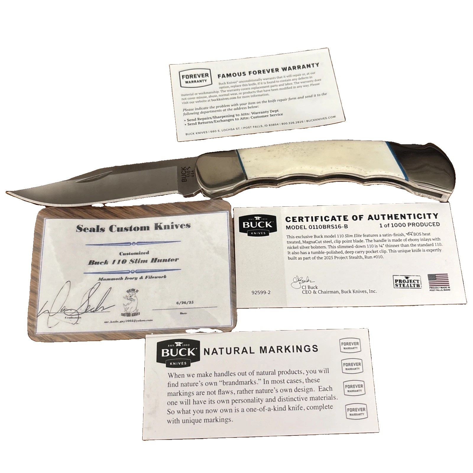 Custom Buck 110 Slim Hunter Knife Don Seals Mammoth Ivory File Work Magnacut COA