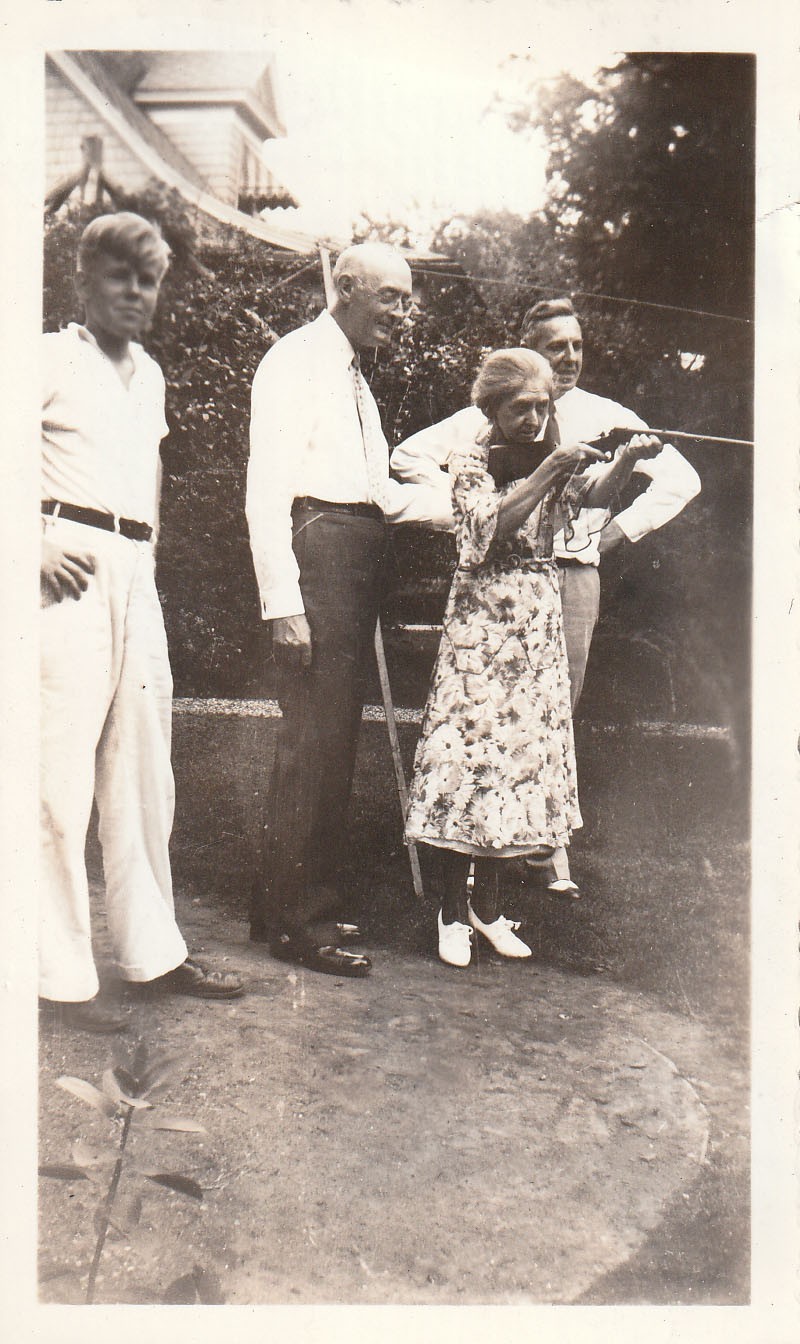 Vintage Photo 1936 Granny with Rifle Gun Target Practice Men Watching Americans