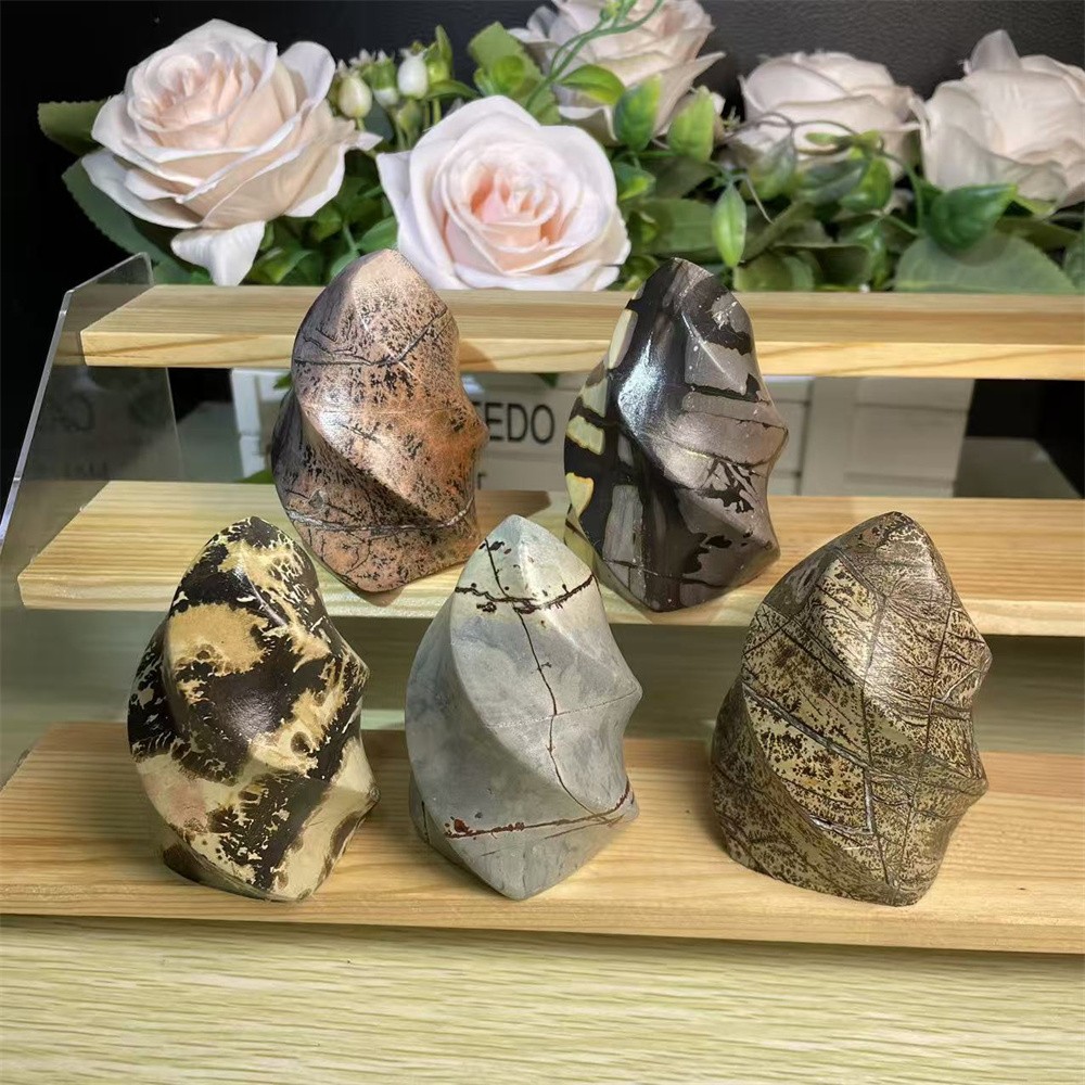 Random Lot 5pcs 2.4LB Natural Picture Jasper Flame Statue Crystal Carved Decor