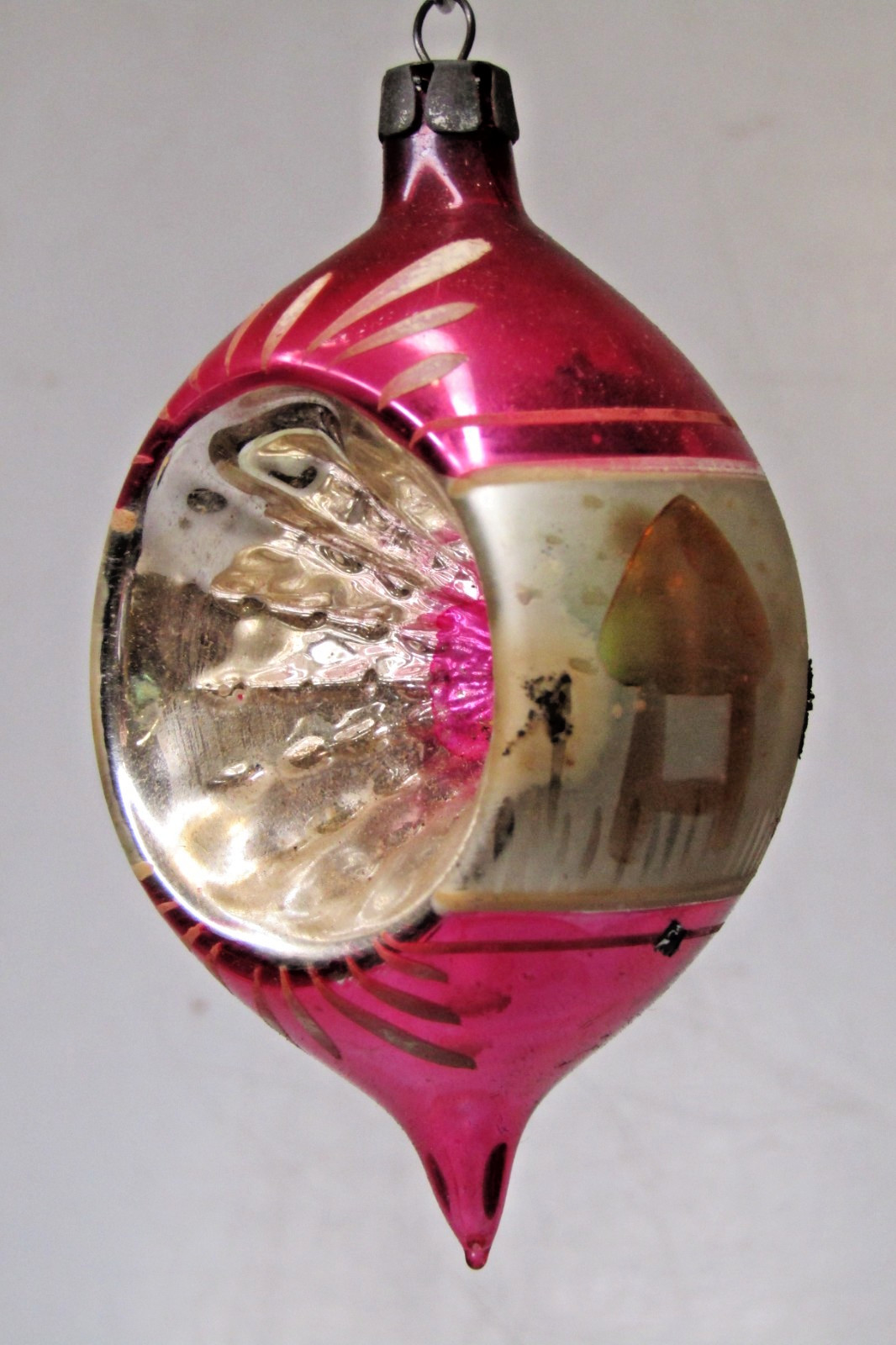 VTG Glass HOUSE w Flower Pictured Embossed Indent DROP Christmas Ornament Poland