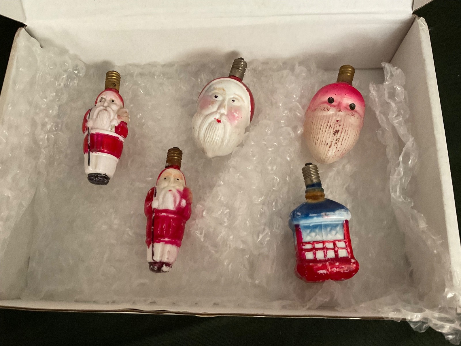 4 - Vintage Glass Figural Light Bulbs double sided face Santas & Chinese Lantern