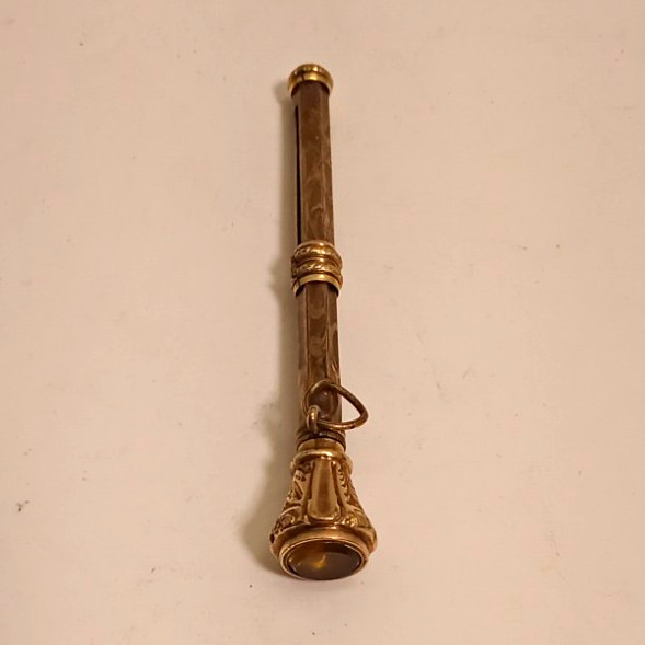 Antique Gold Filled Mechanical Propelling Pencil Mid-1800s with Yellow Gemstone