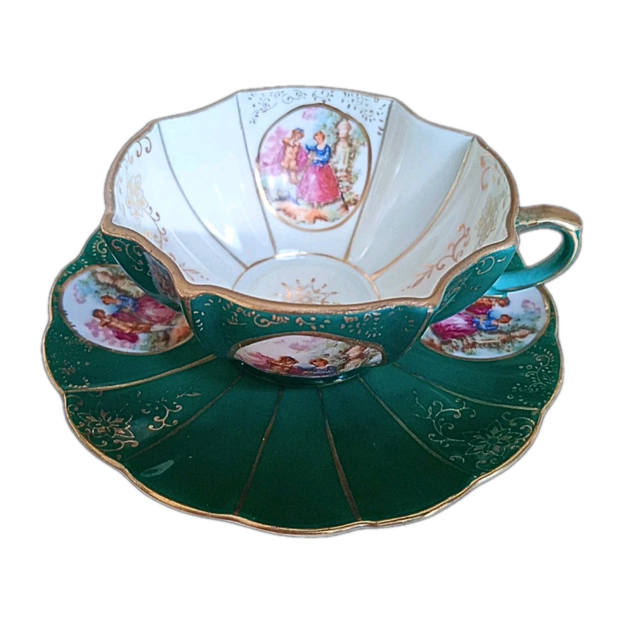 Vintage Lefton China Scalloped Fluted Cup Saucer Courting Couple Green Pink Gold