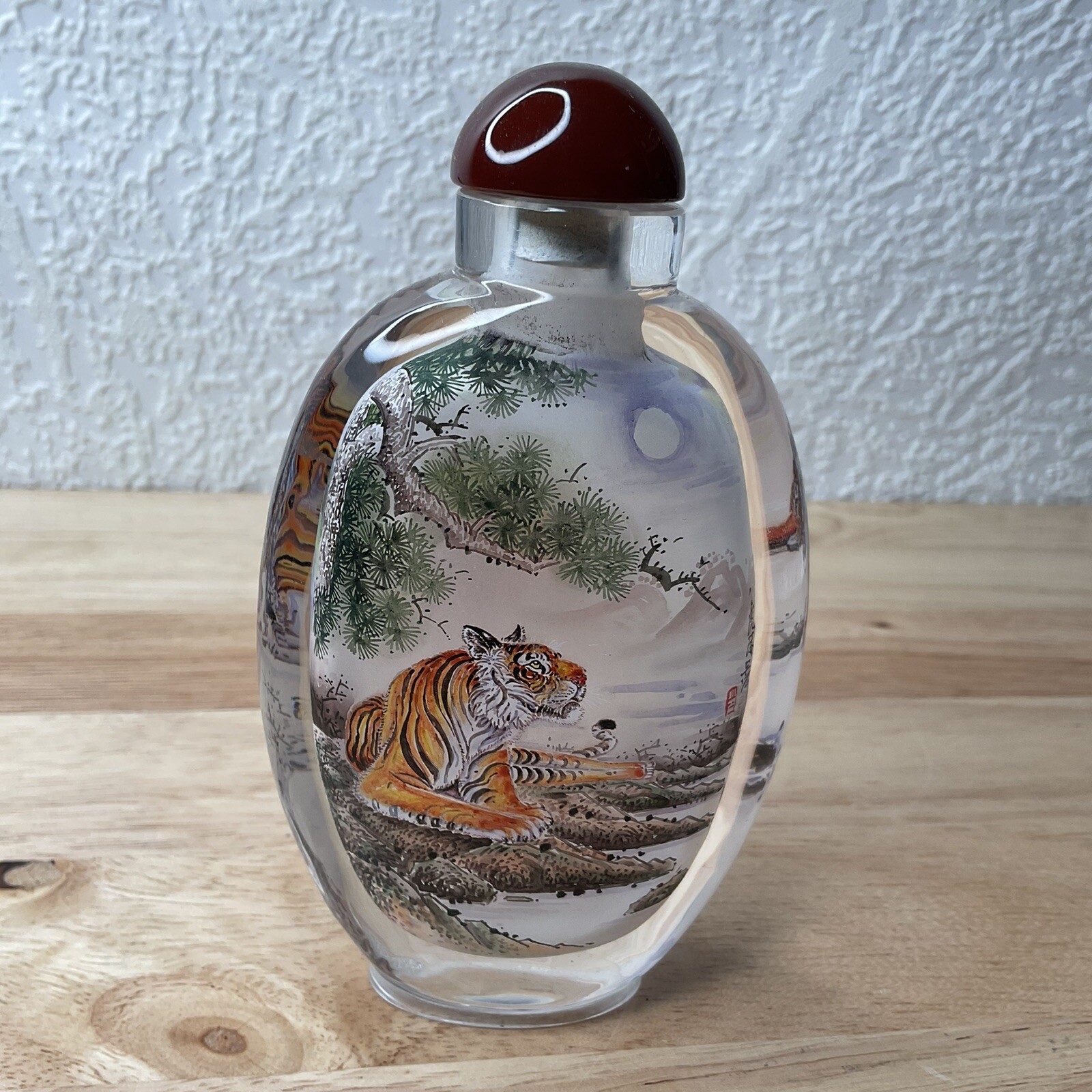 Vintage Hand Carved Crystal Snuff Bottle, Reverse Painted \'Tiger “ Signed