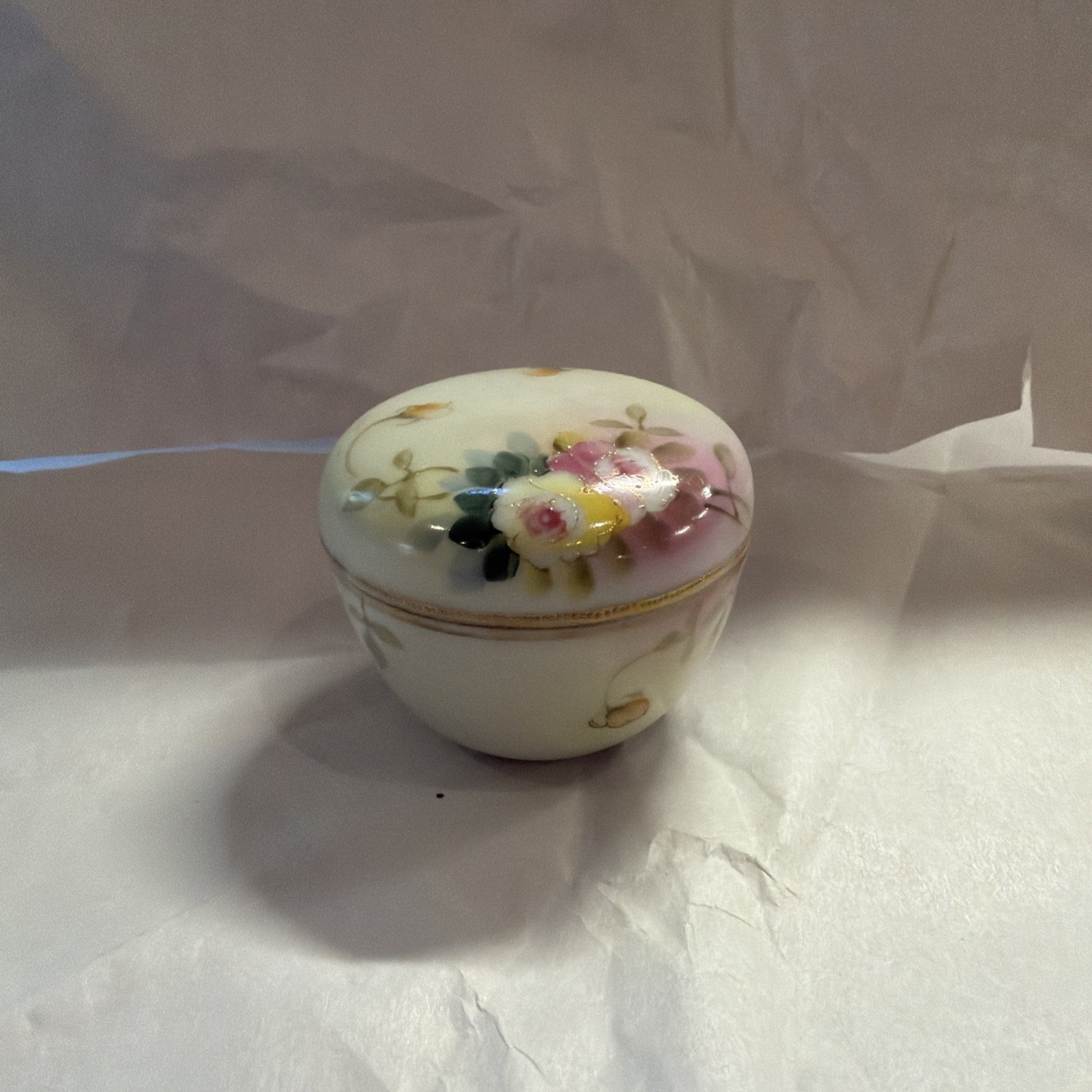 Antique Nippon Hand Painted Porcelain Trinket Box w/ Lid Dresser Box Floral Gold