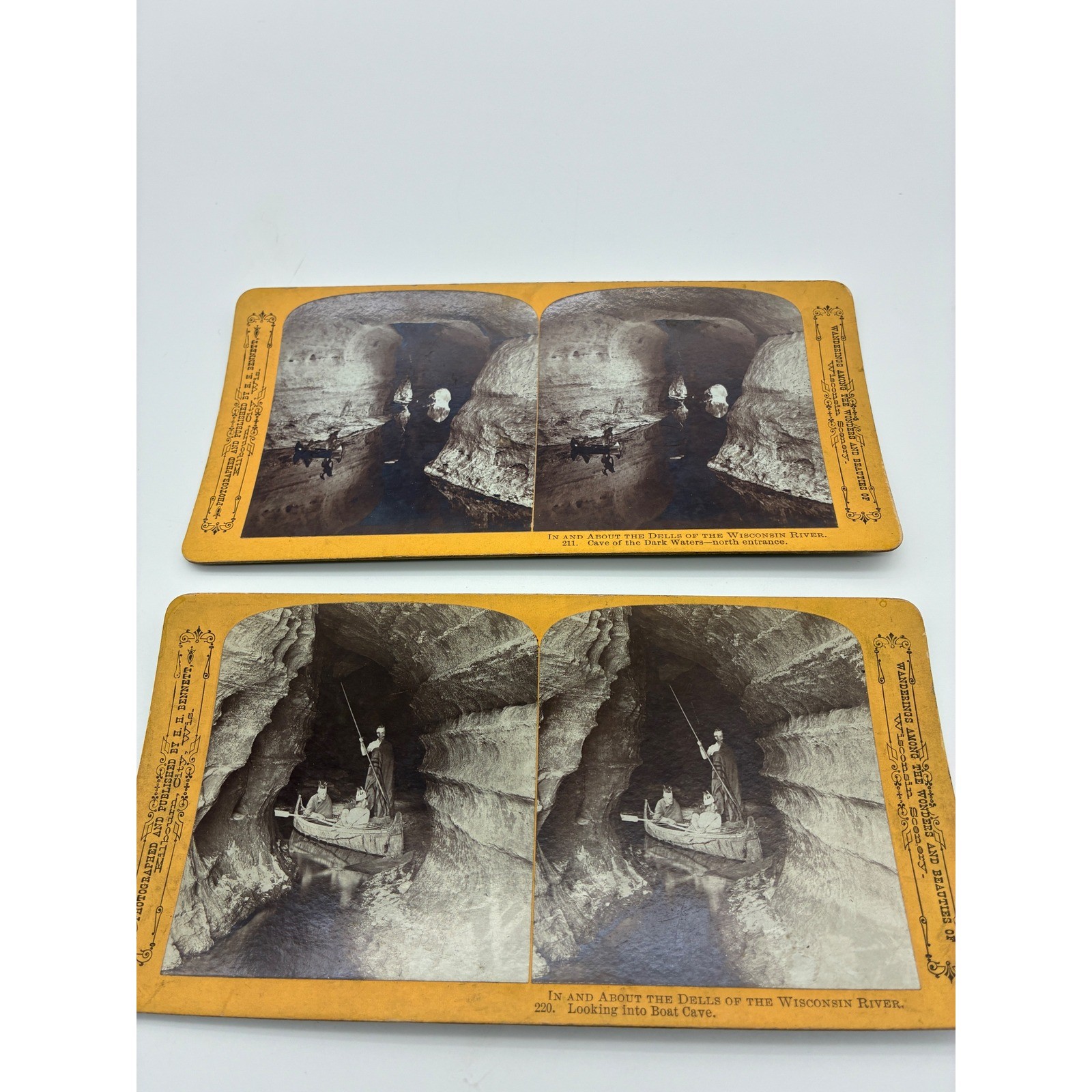 2 H. H. Bennett Stereoview Wisconsin Dells Boat Cave Dark Waters Canoe 211 220