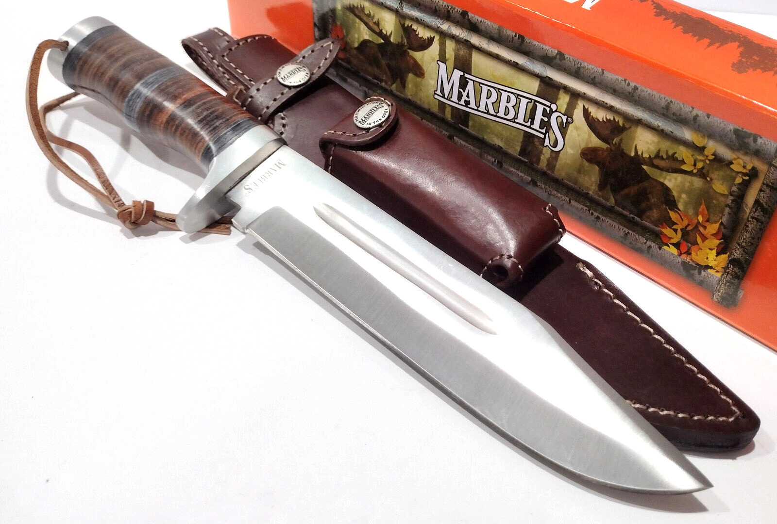 Marbles Brown Stacked Leather Handle Clip Point Bowie Fixed Blade Hunting Knife
