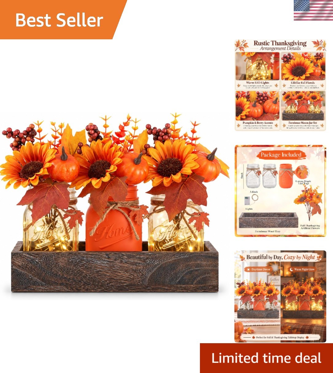 Versatile Fall Table Decor: Mason Jar Centerpieces for All Occasions, 3 Count