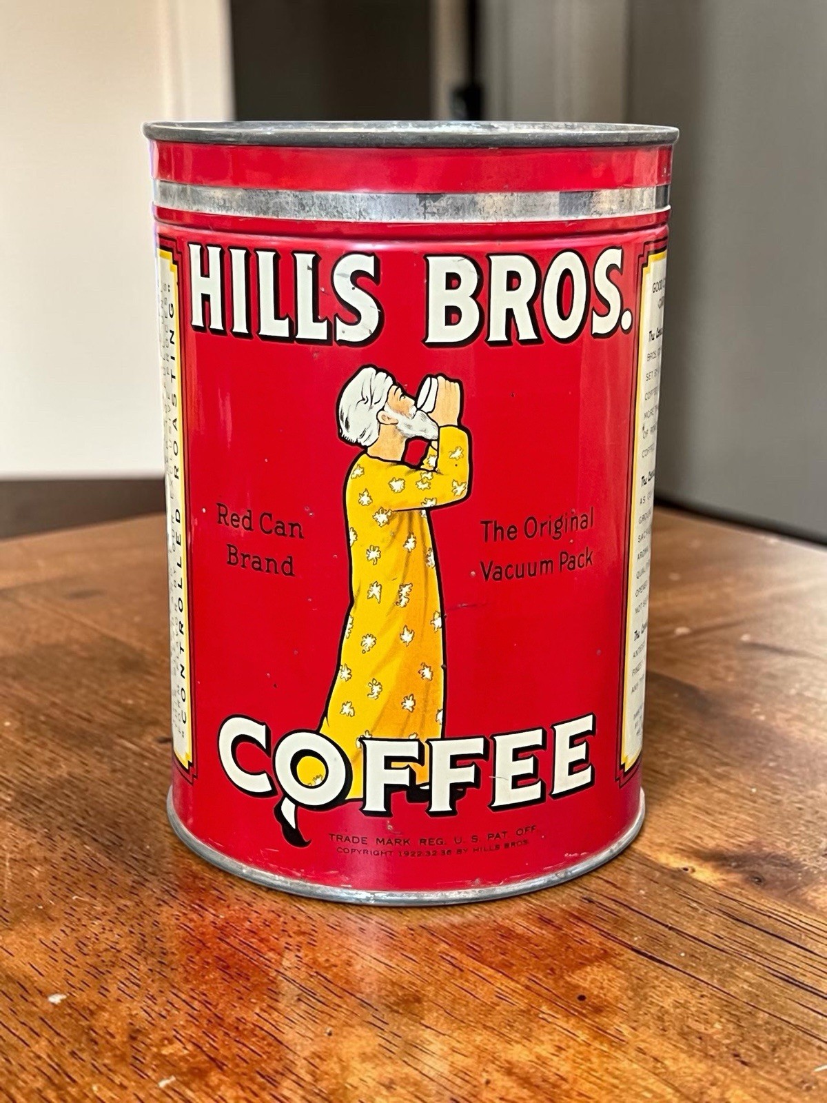 Vintage 1930s-1950s Hills Bros 2 LB Coffee Tin Can Red Can Brand With Lid