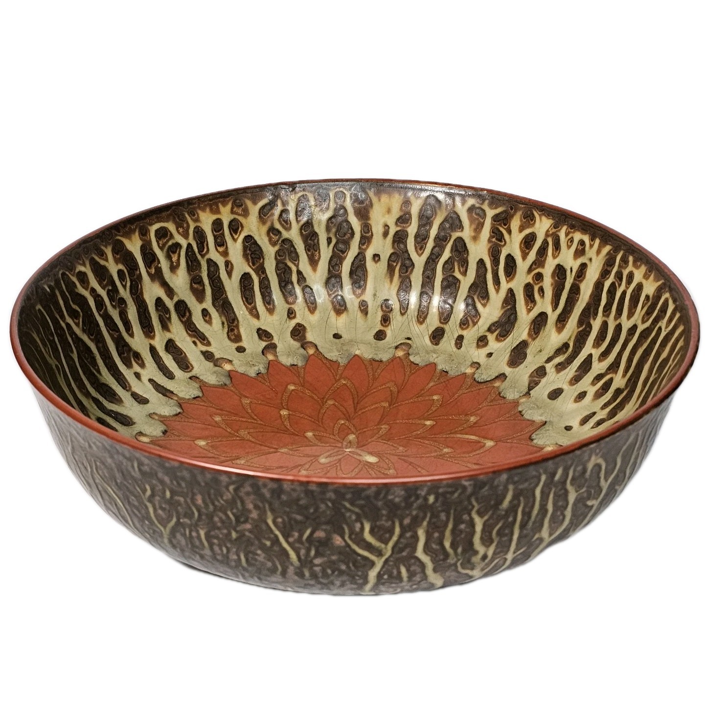 Vintage Japanese Mino Ware Pottery Textured Glaze Chrysanthemum Ceramic Bowl