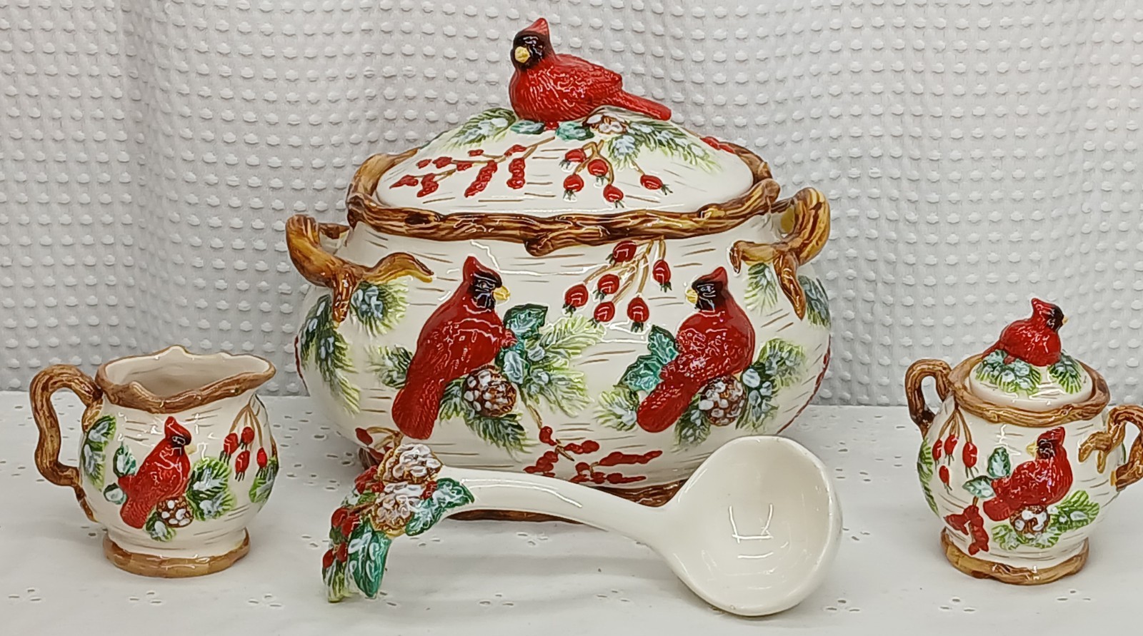 OLD WORLD CHRISTMAS CARDINAL 4QT SOUP TUREEN LADLE SUGAR CREAMER 