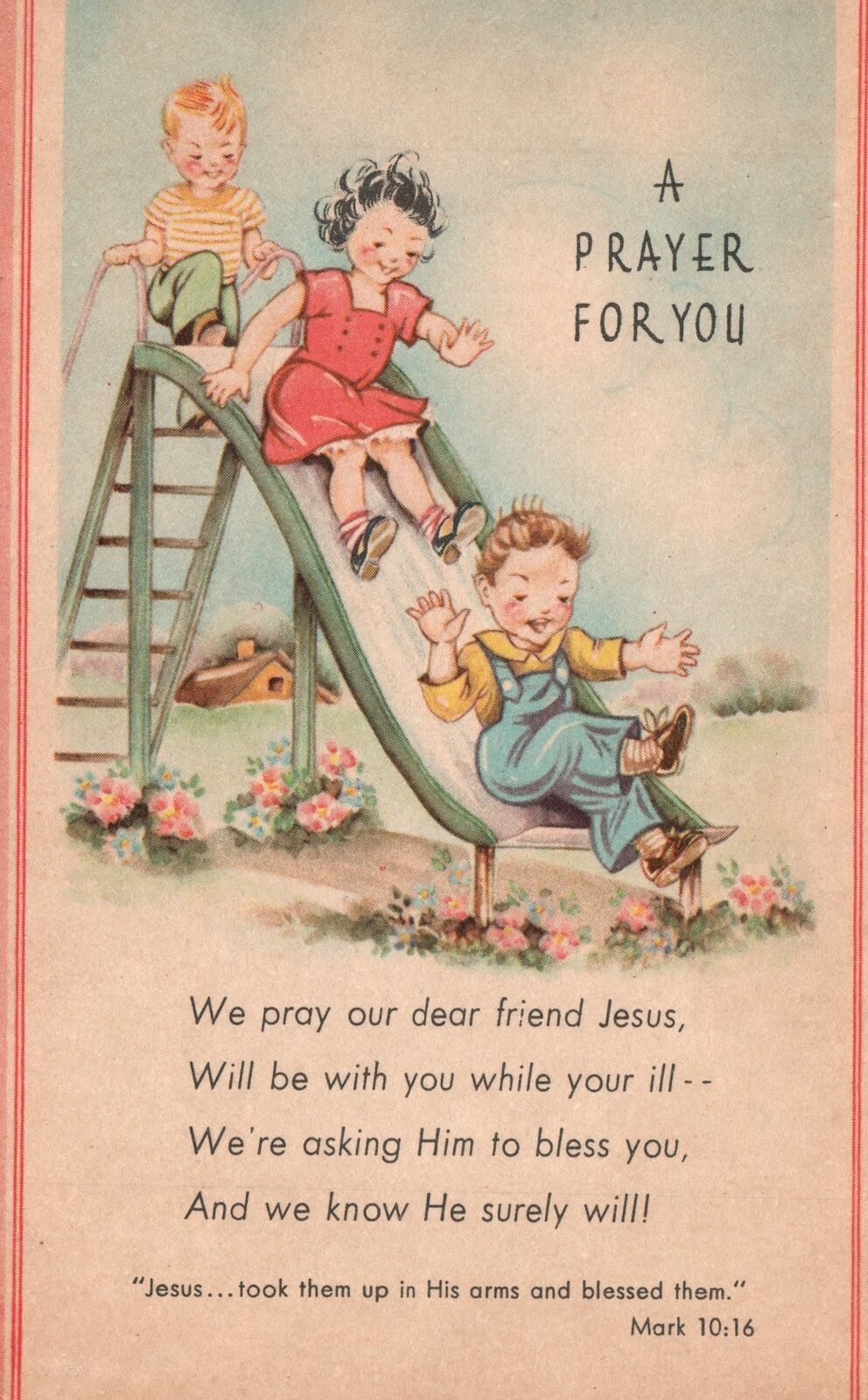 Vintage Postcard A Prayer For Children From Mark 10:16 Kids Playing Slide Park