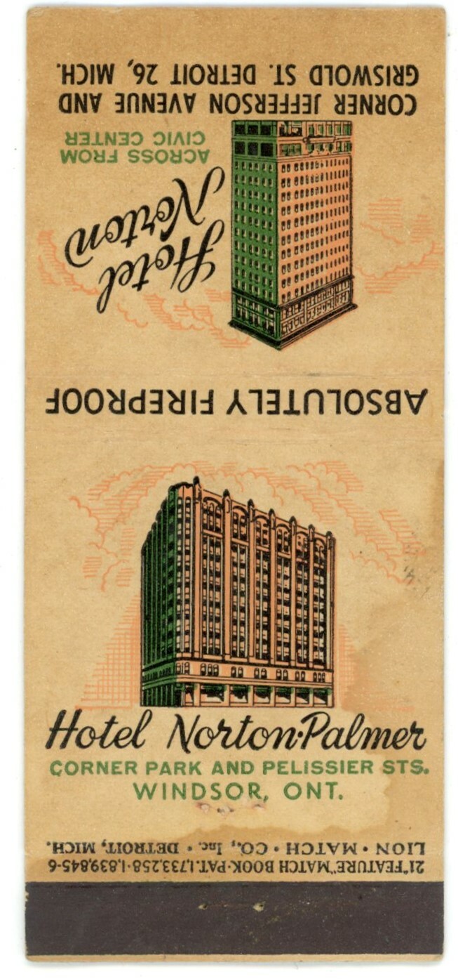 Hotel Norton Palmer Windsor ON Detroit MI Vintage Matchbook Cover 1950s