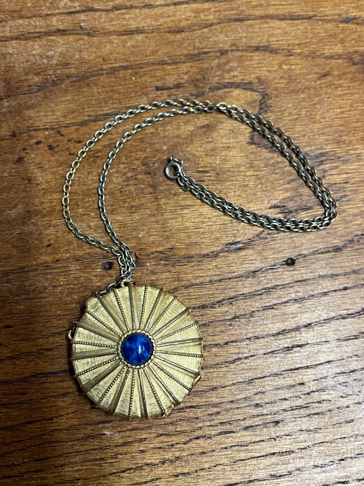 Vintage Estee Lauder Perfume Compact Necklace Gold Tone Cabochon Blue Stone