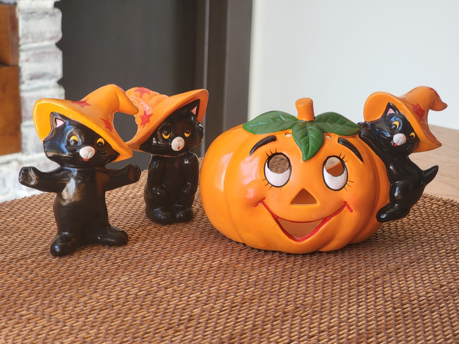 VTG 3-Pc Set LEFTON Black CATS in WITCH HATS HALLOWEEN Pumpkin Candle Holder