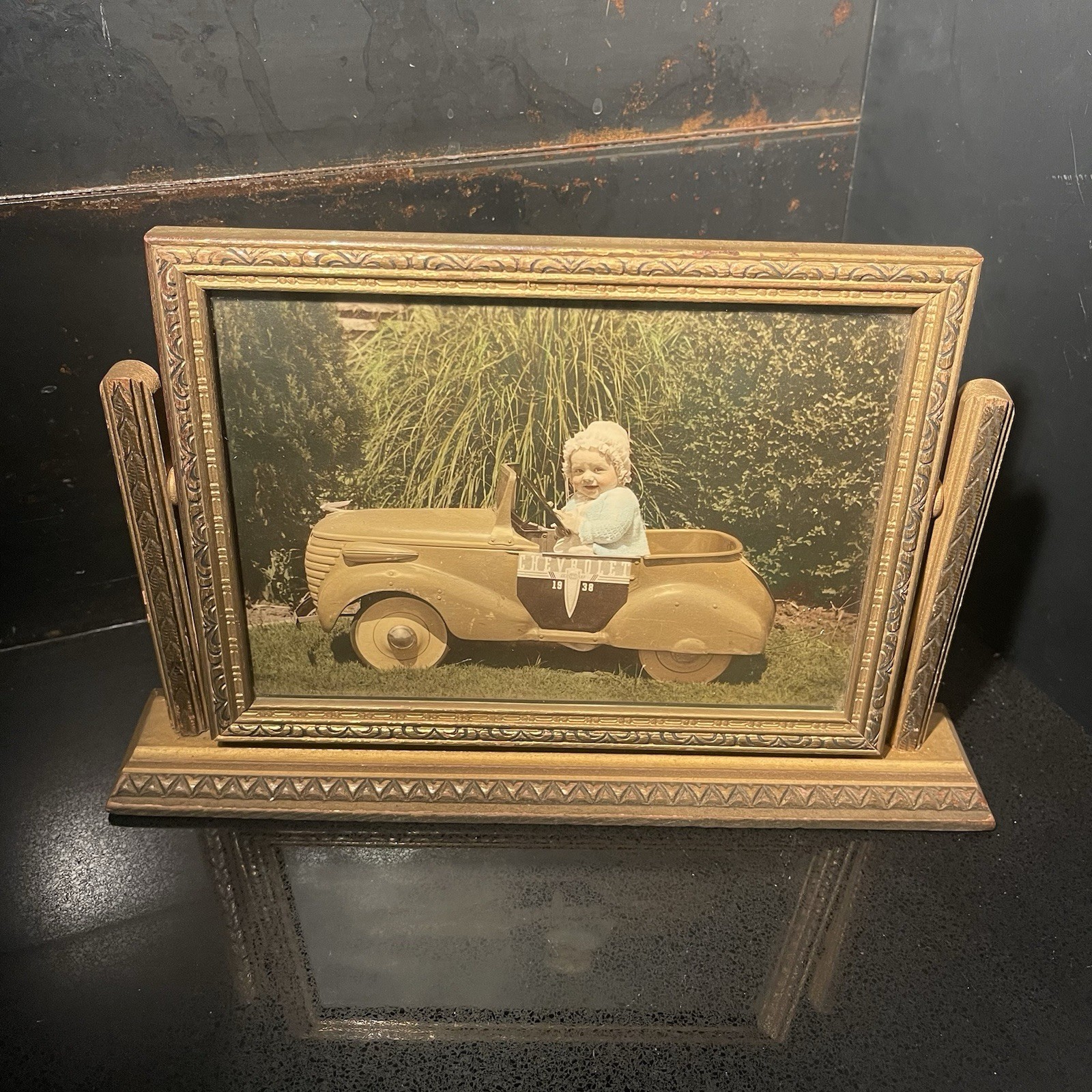 Antique 1930s Art Deco Wooden Swinging Tilt Photo Frame 1938 Pedal Car Pic