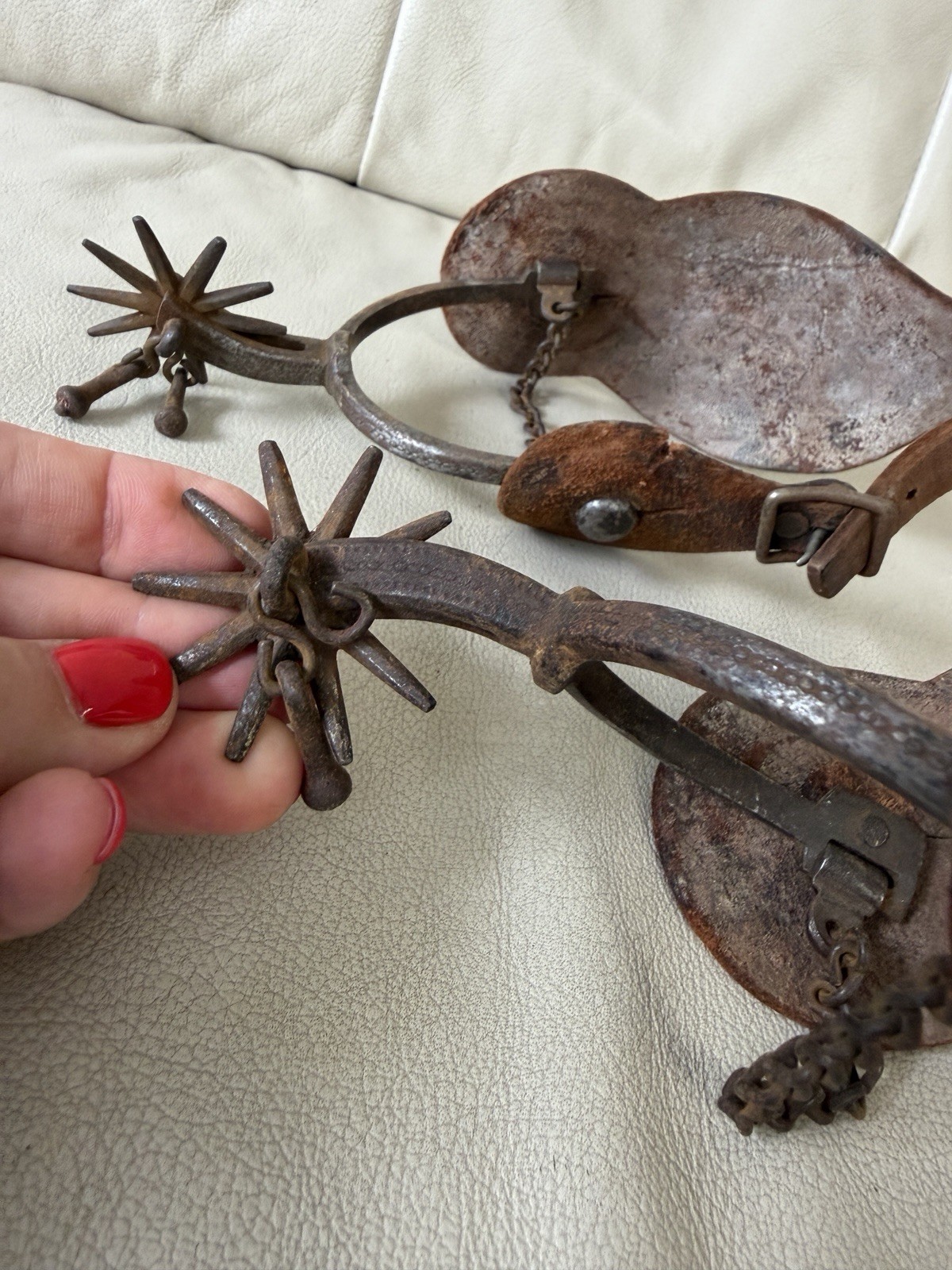 Antique 19thC Hand-Forged Western Cowboy Spurs with Jingle Bobs & Tooled Leather
