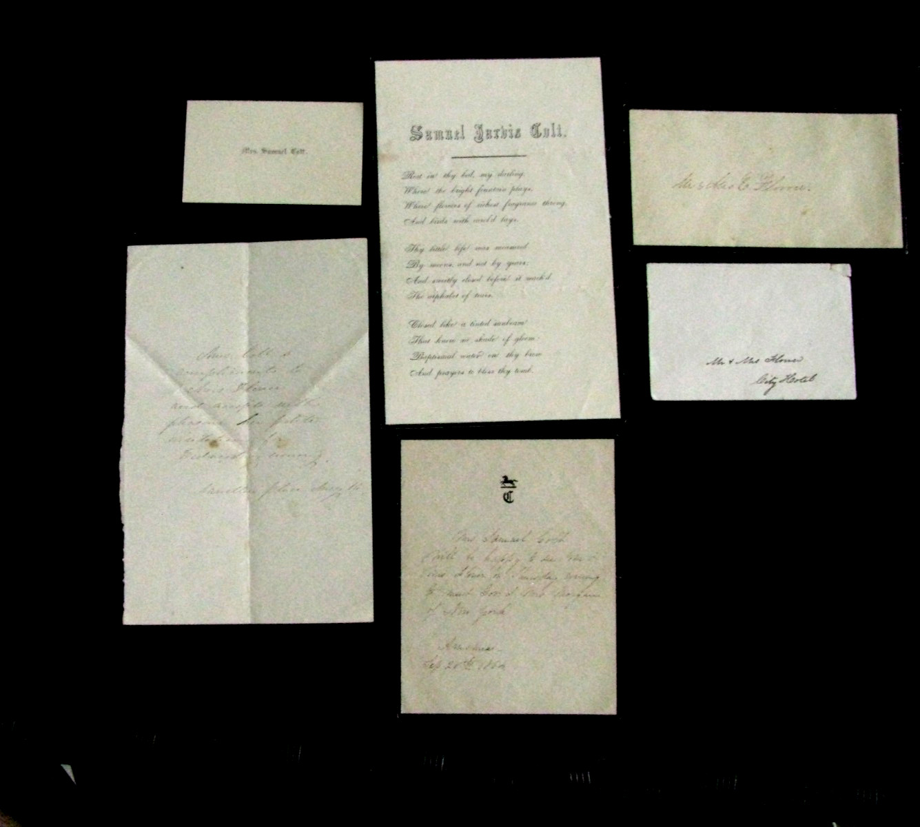 MRS SAMUEL COLT CALLING CARD, NOTE,  MOURNING CARD GROUP 1857 TO 1864