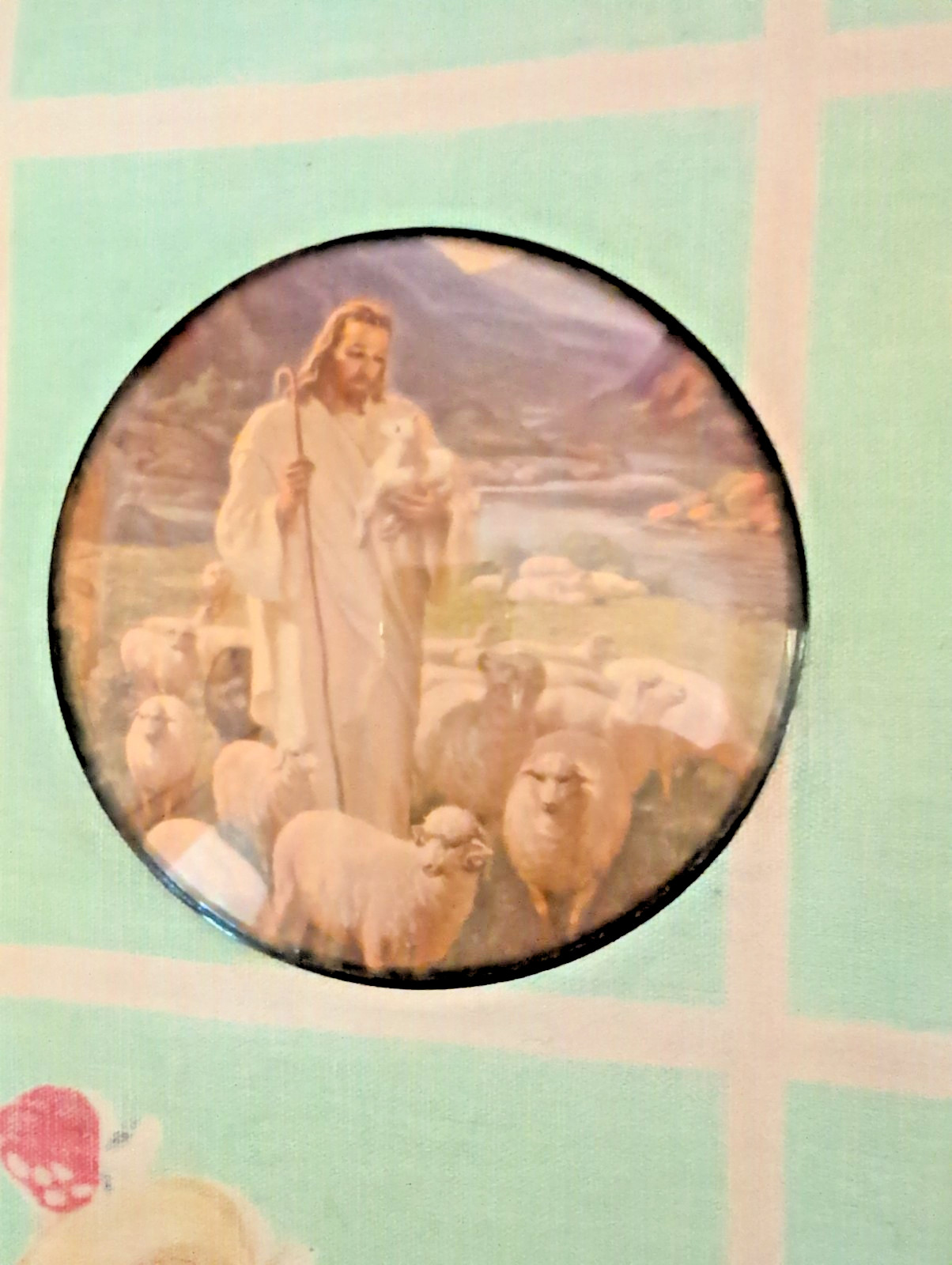 Vintage Jesus The Good Shepherd Wall Hanging Round Dome Convex Glass 4