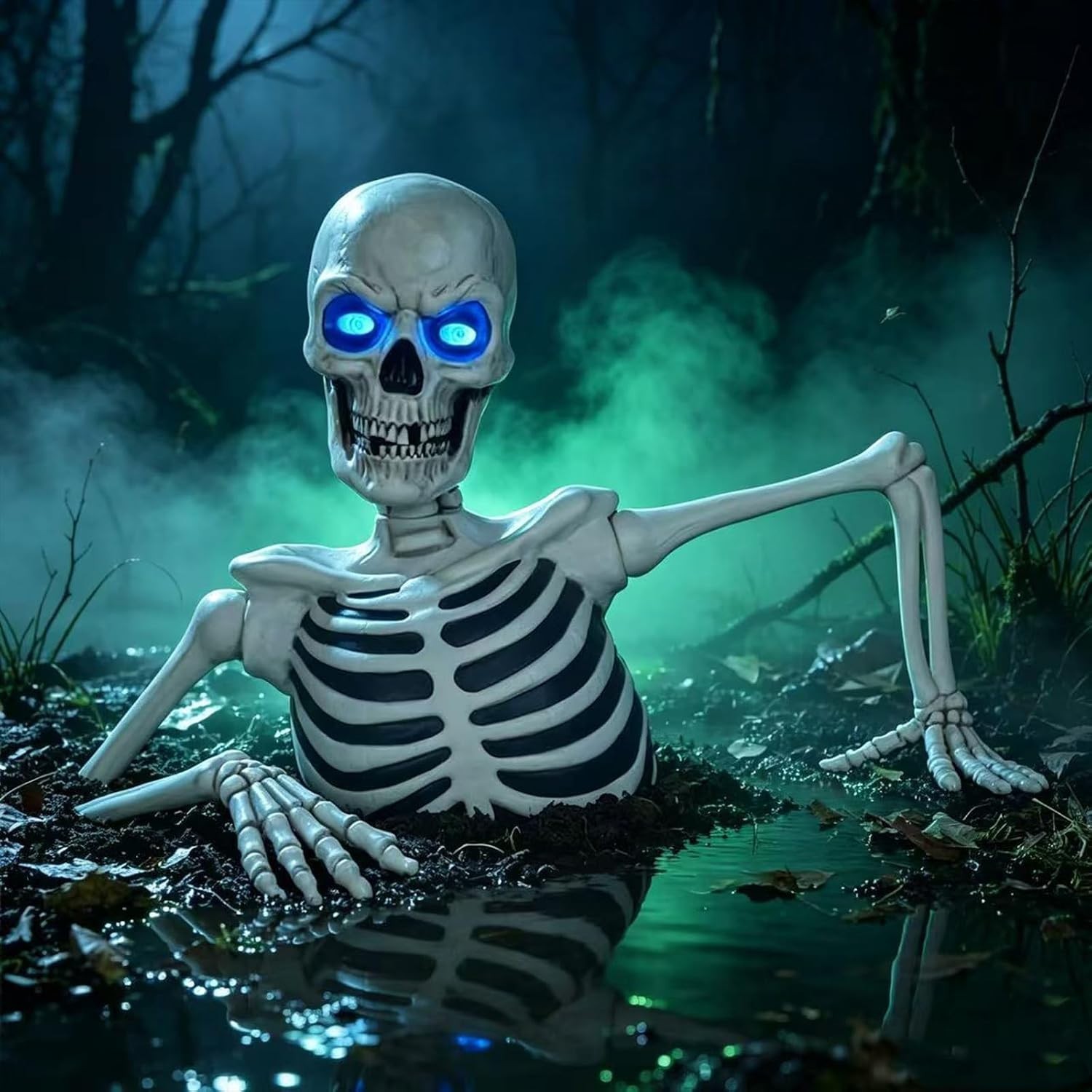 Halloween Skeleton Outdoor Yard Decor, Ground Breaking Skeleton LED Eyes,