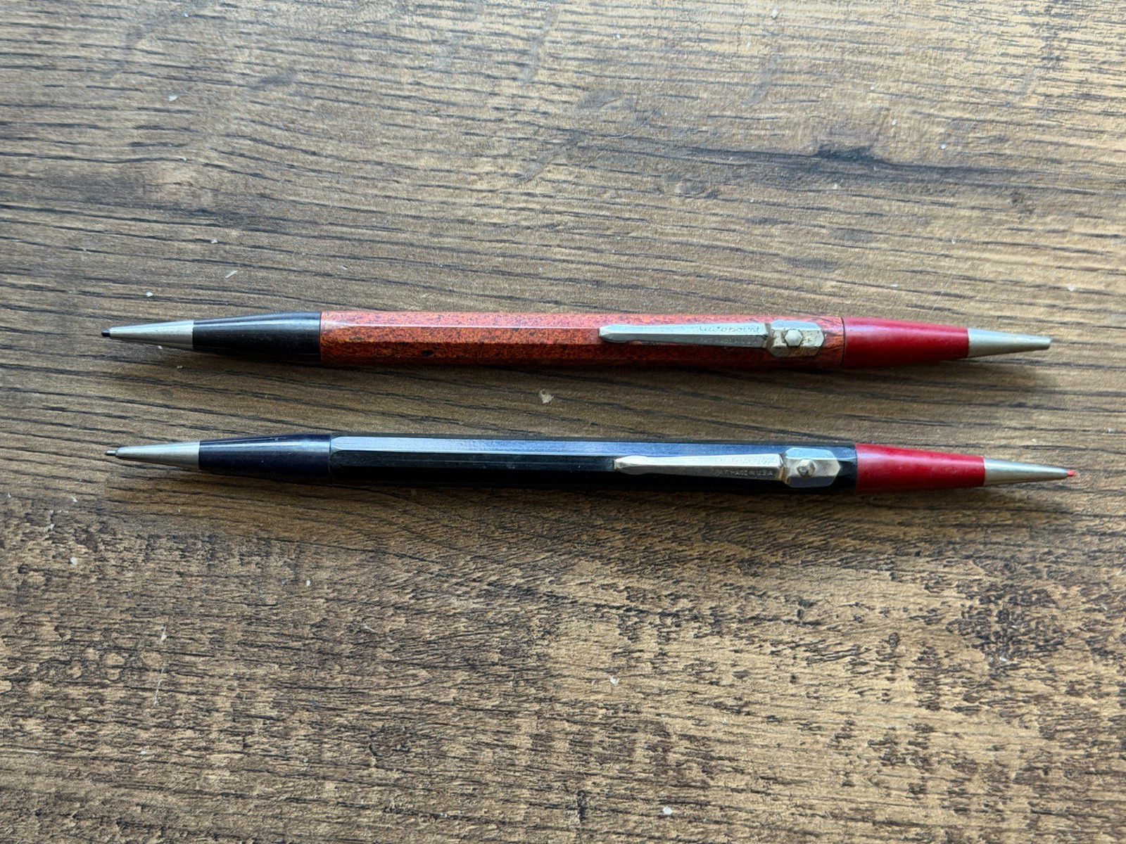2 Vintage AUTOPOINT Mechanical Pencils Double Sided Black & Red Twinpoint