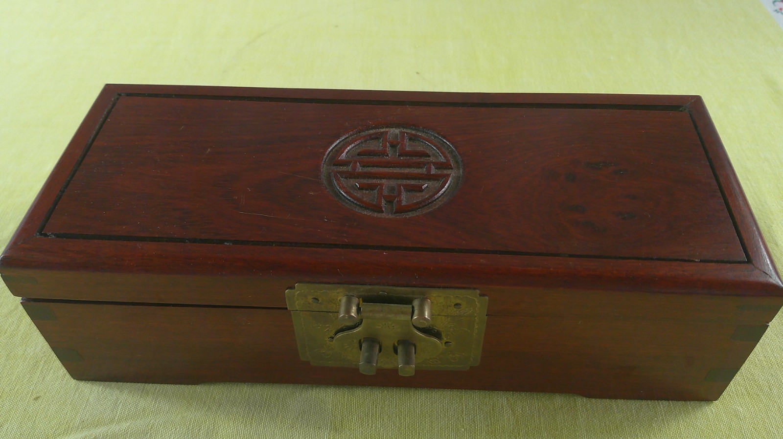 Antique Chinese Rosewood Jewelry Box Dovetail Shou Carved Silk Lined