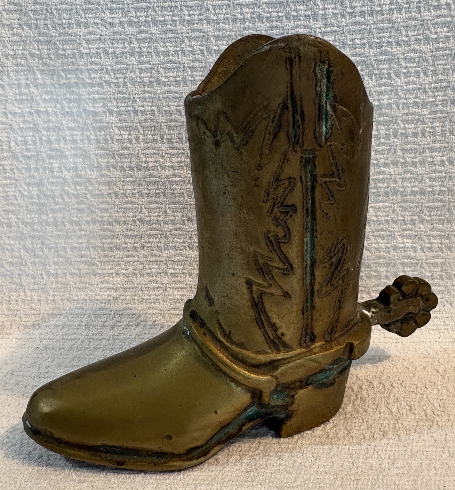 Vintage Solid Brass Cowboy Boot Figurine with Spur Mid Century Western 6 1/2