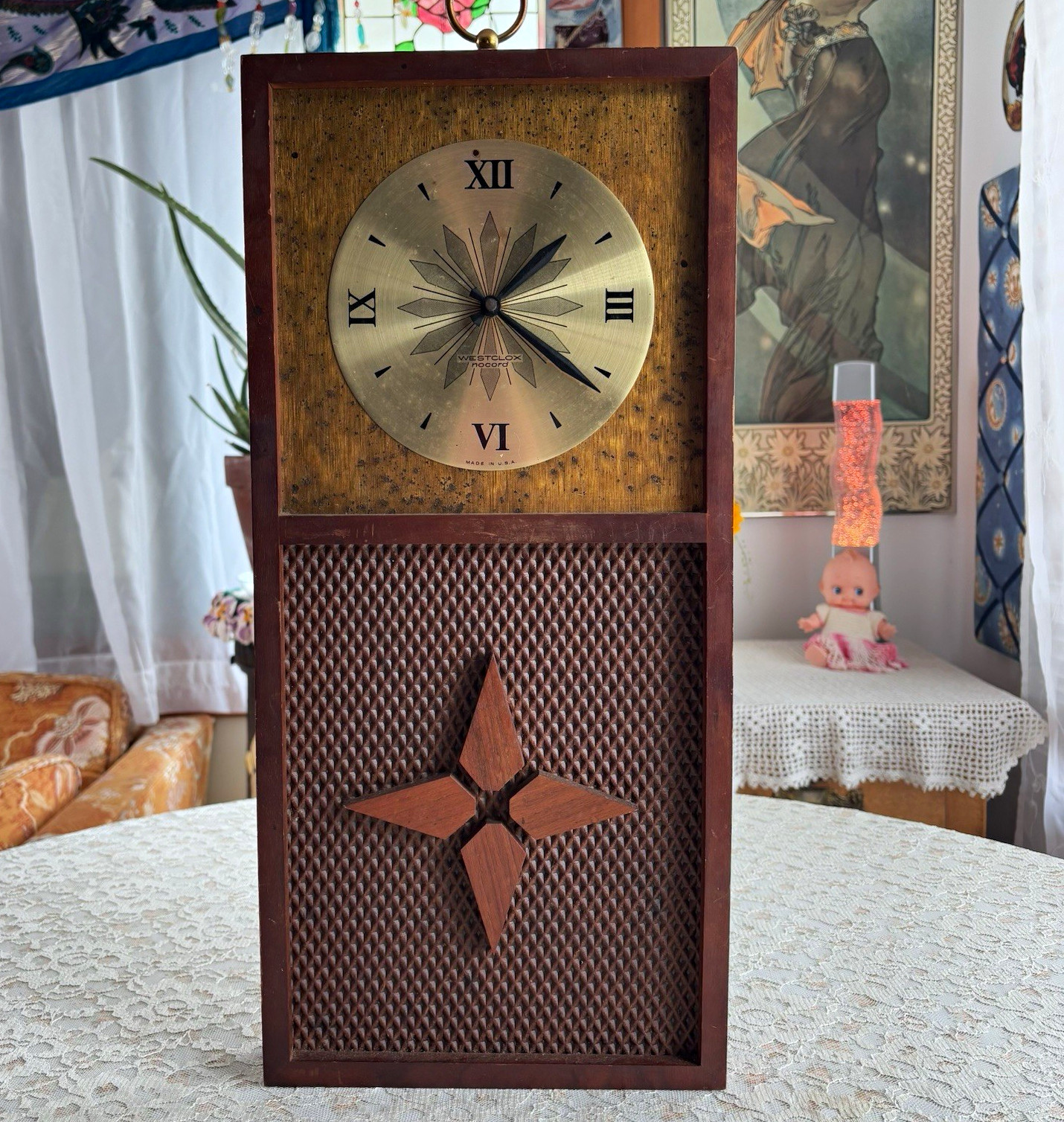 Vintage Mid Century Wesclox Hanging Wooden Wall Clock 60s 70s Retro 