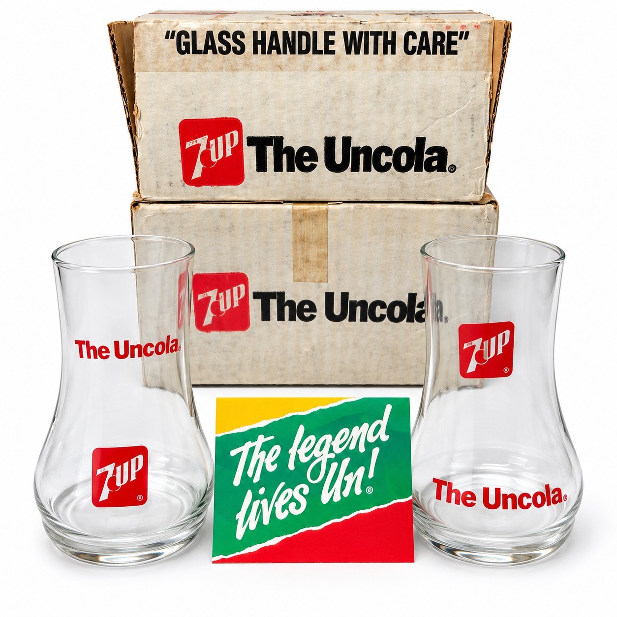  7UP The Uncola Upside Down Glasses Set of 2 Original Box 1970s Vintage