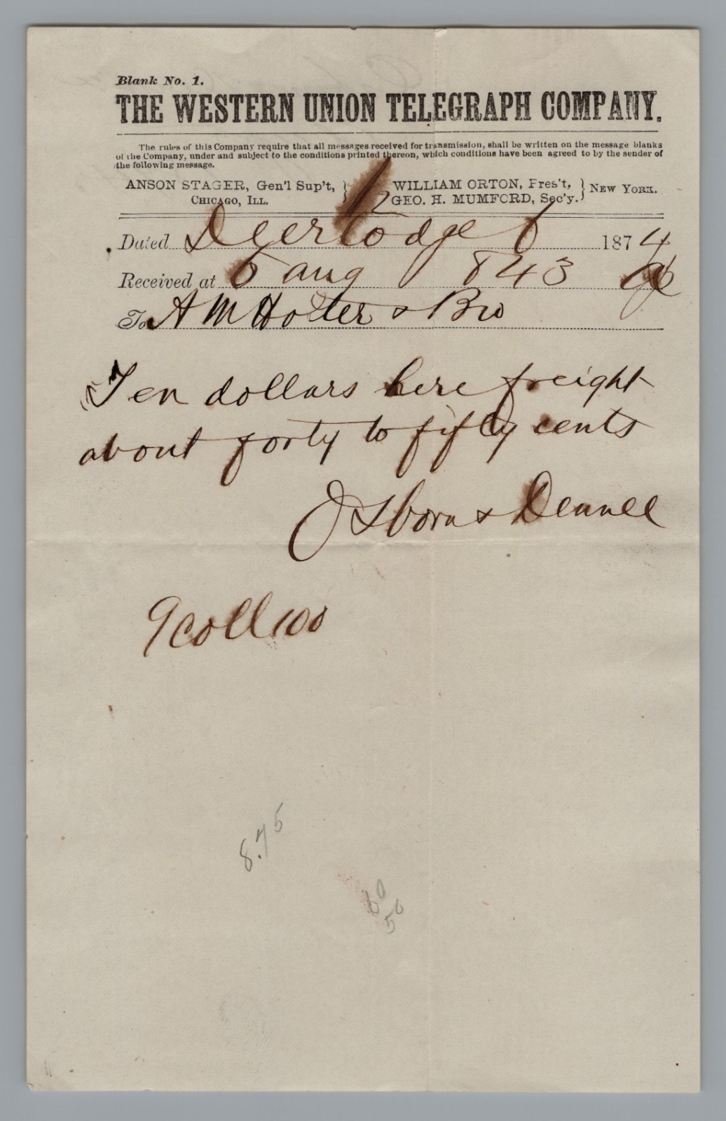 1874 Western Union Telegraph Company Deer Lodge (Montana Territory)