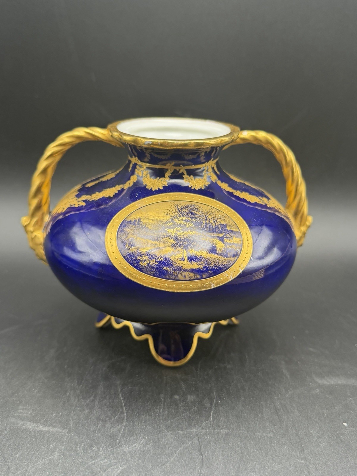 Wedgwood Cobalt Blue Gilt Two Handle Cabinet Vase Signed A. Barth Z1838
